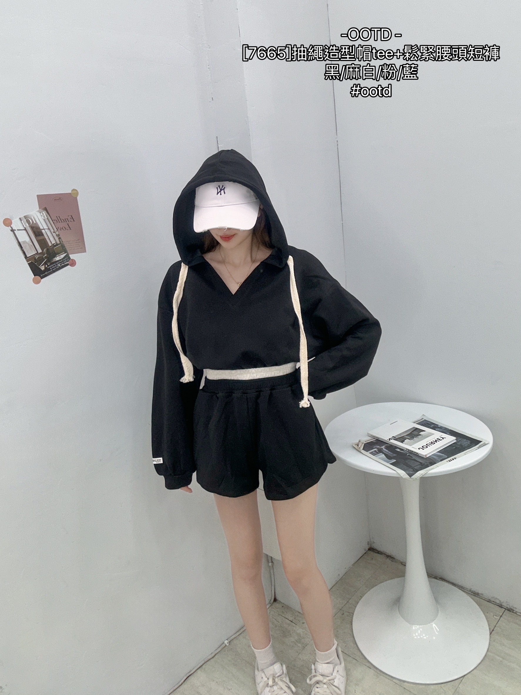 [7665]抽繩造型帽tee+鬆緊腰頭短褲 (7)