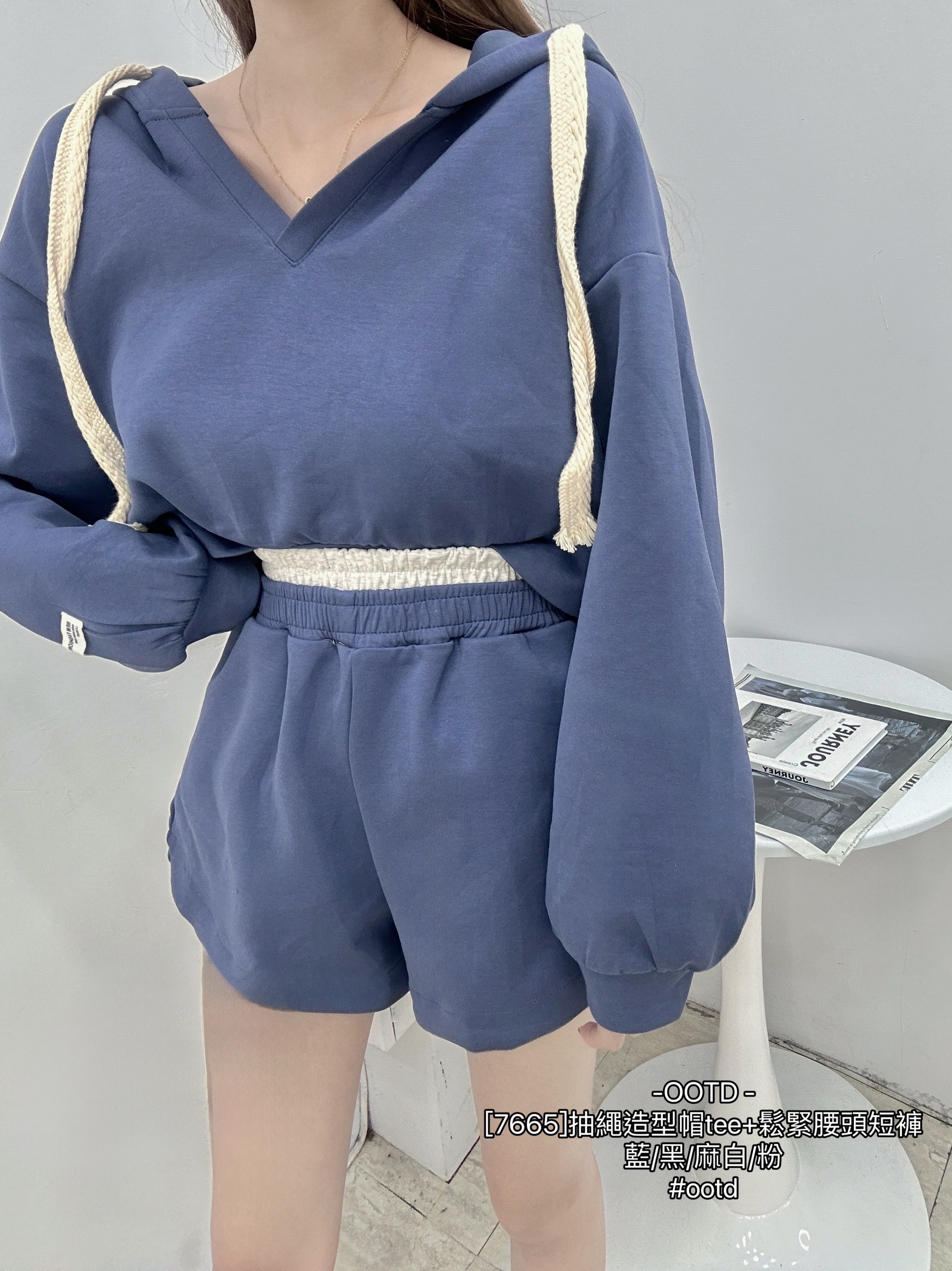 [7665]抽繩造型帽tee+鬆緊腰頭短褲 (5)