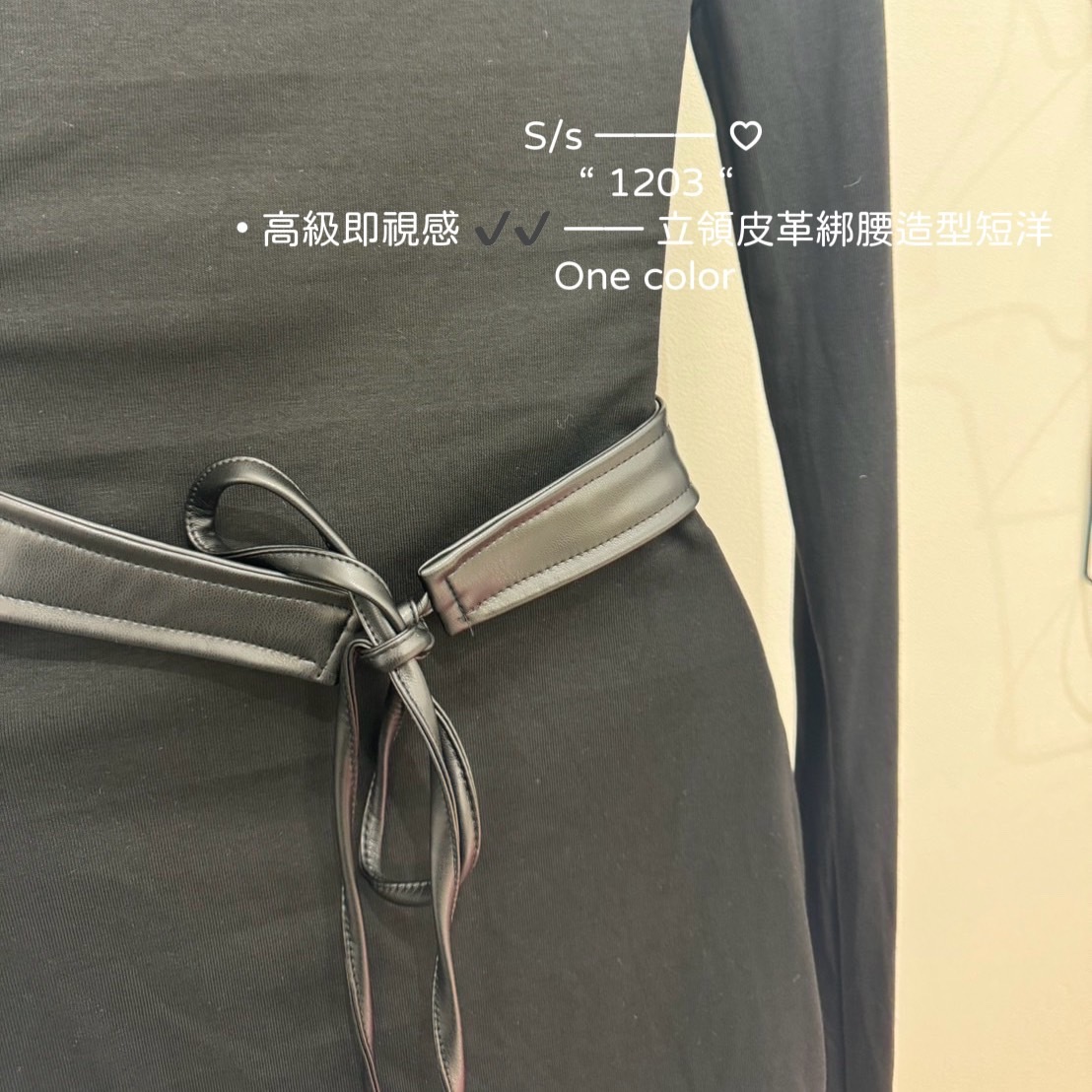 1203高級即視感立領皮革綁腰造型短洋 (5)