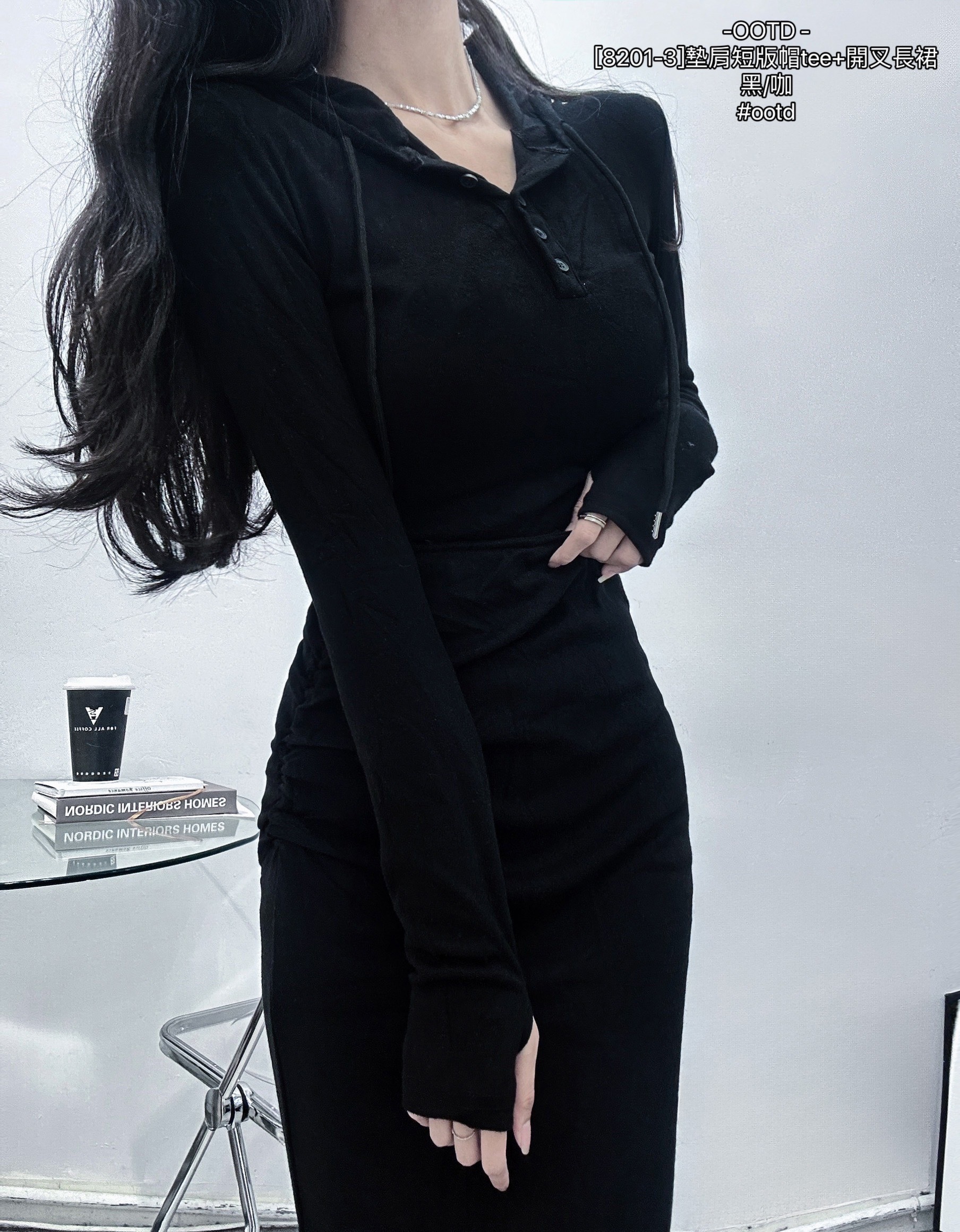 [8201-3]墊肩短版帽tee+開叉長裙 (3)