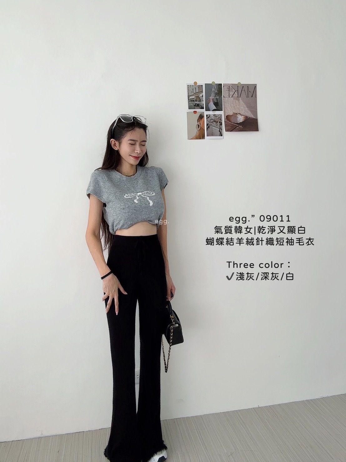 09011氣質韓女乾淨又顯白蝴蝶結羊絨針織短袖毛衣 (2)