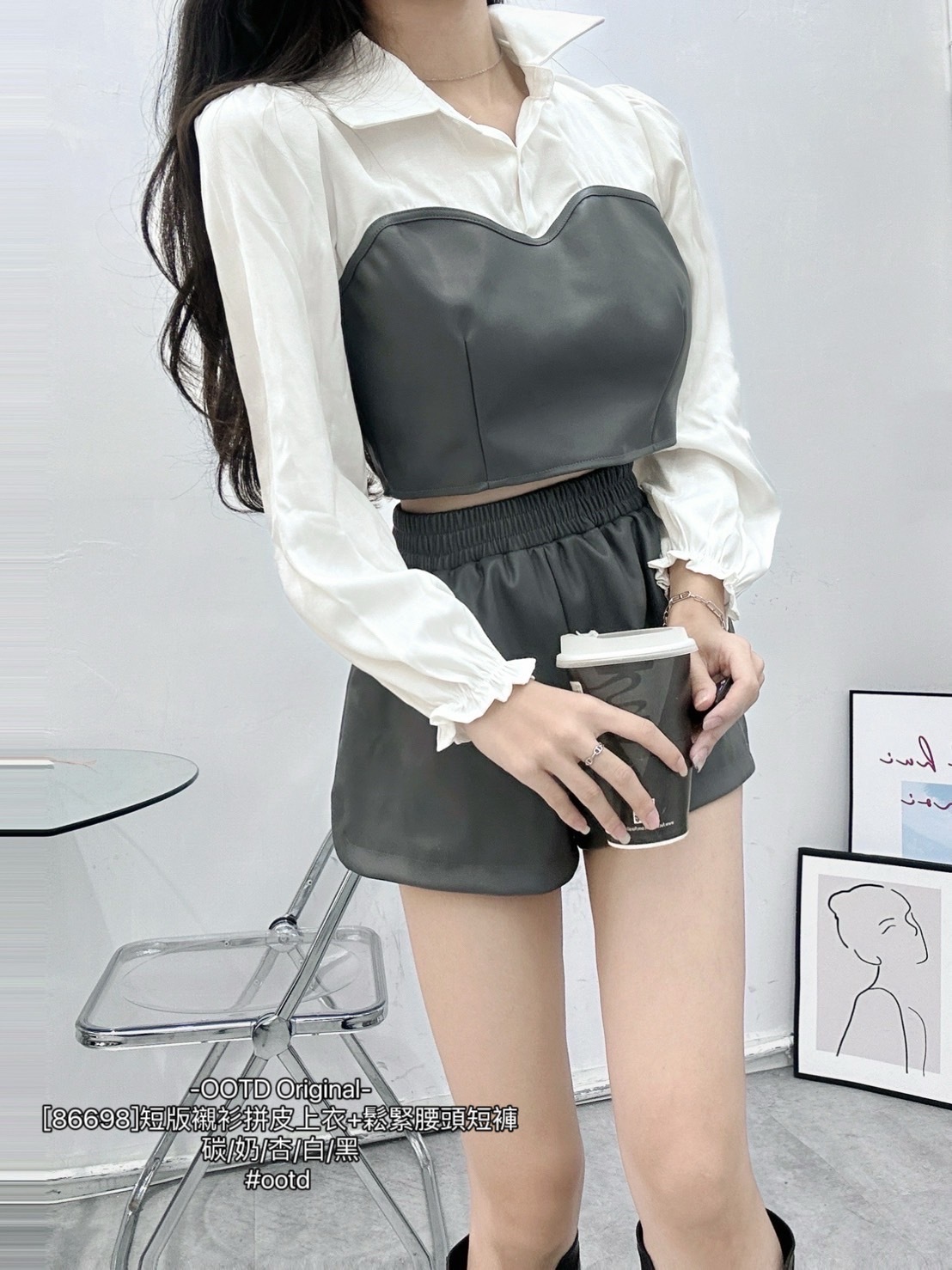 [86698-3]新增白短版襯衫拼皮上衣+鬆緊腰頭短褲 (6)