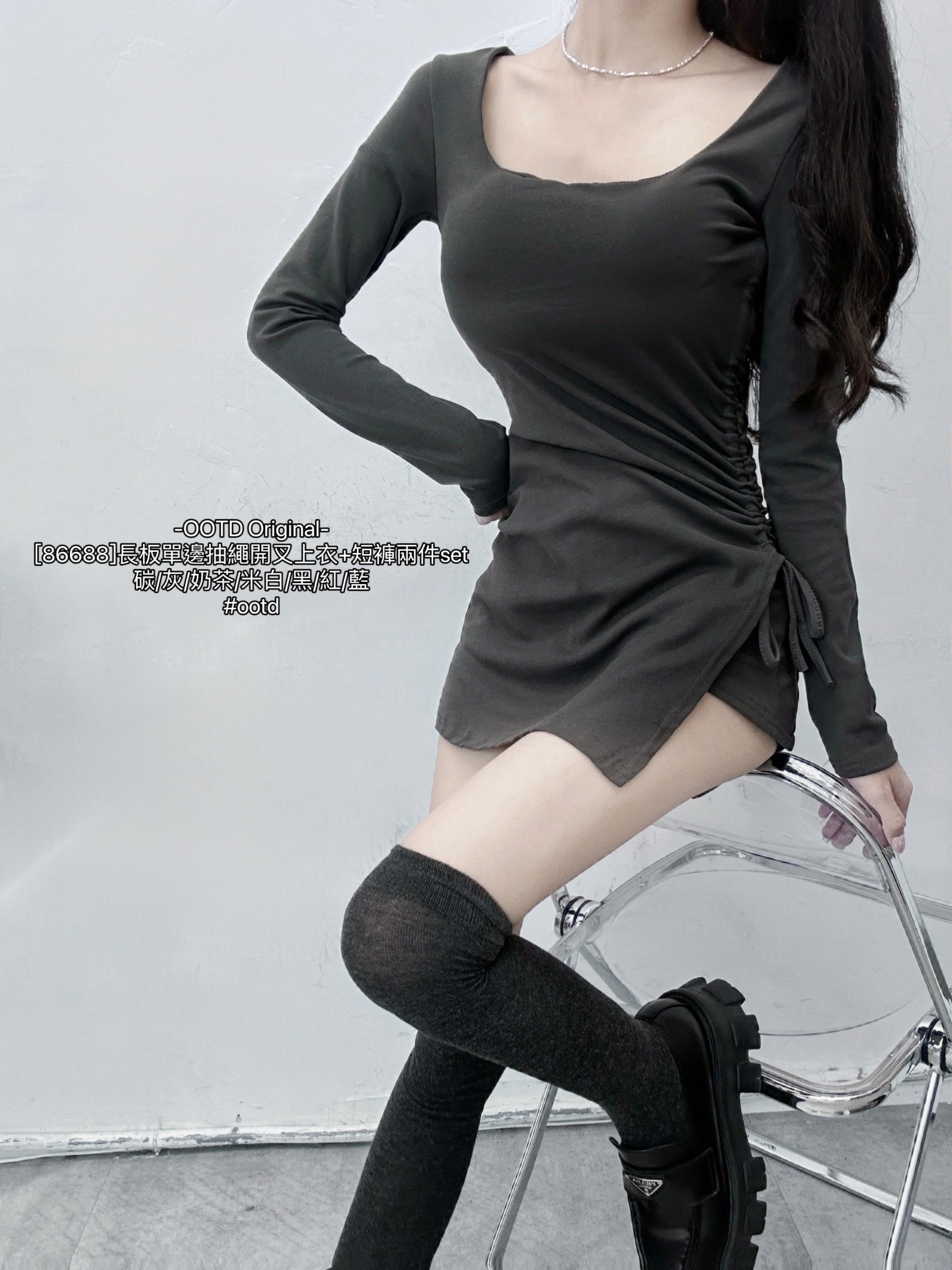 [86688-3NEOW長板單邊抽繩開叉上衣+短褲兩件set (11)