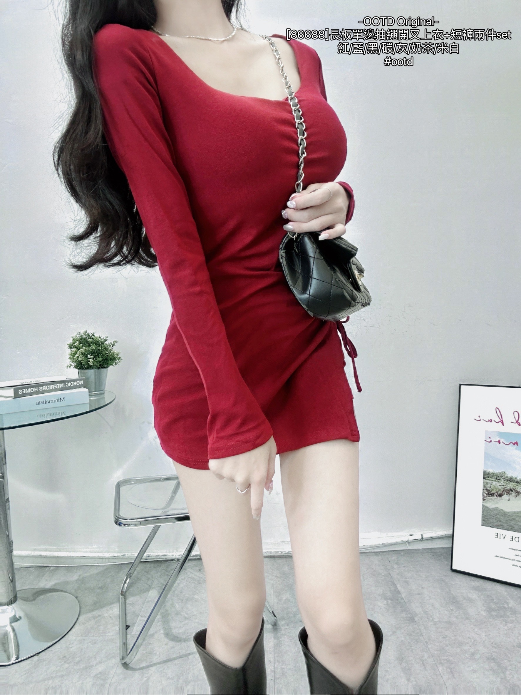 [86688-3NEOW長板單邊抽繩開叉上衣+短褲兩件set (7)