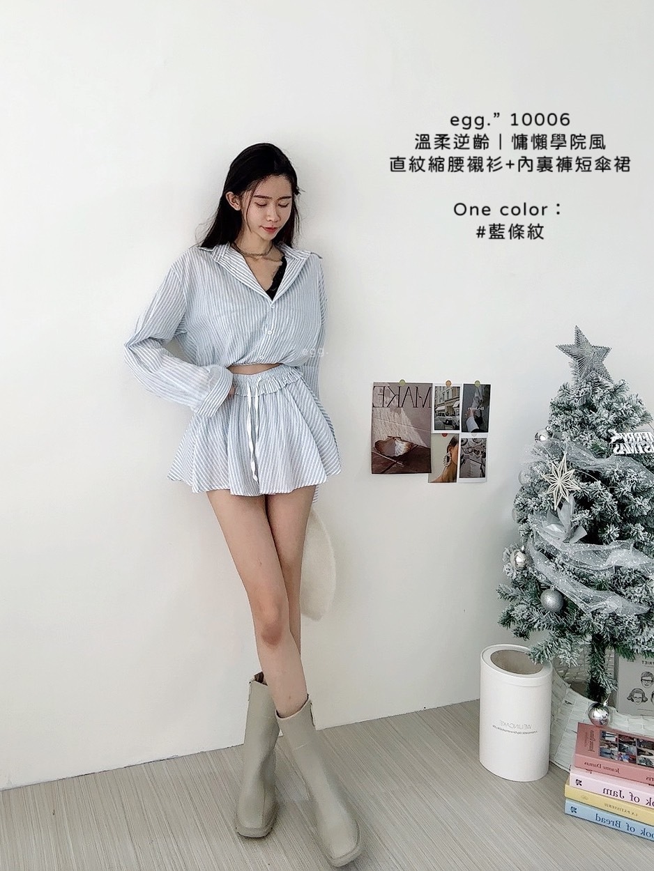 10006溫柔逆齡｜慵懶學院風直紋縮腰襯衫+內裏褲短傘裙 (3)