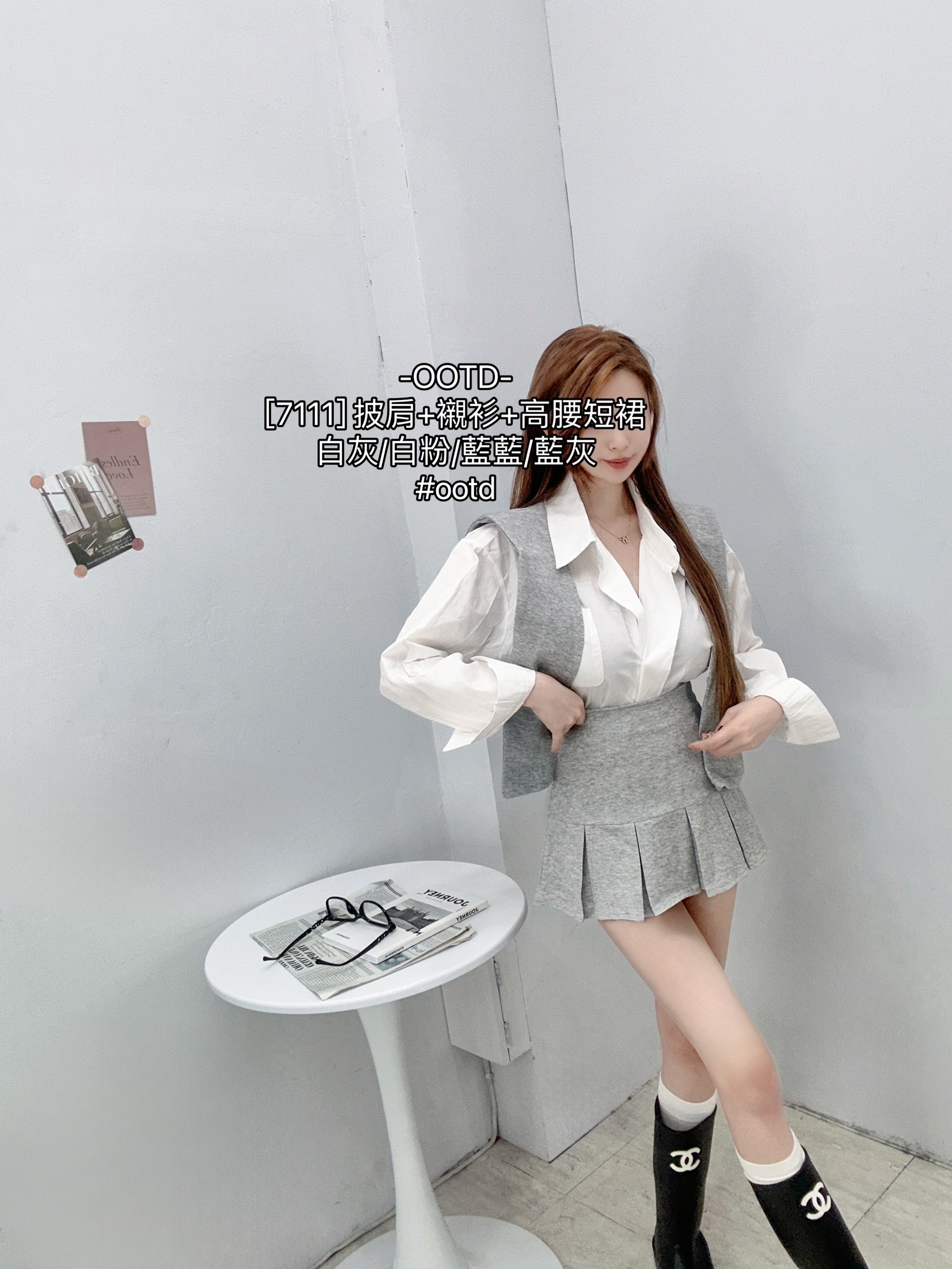 [7111] 披肩+襯衫+高腰短裙 (3)