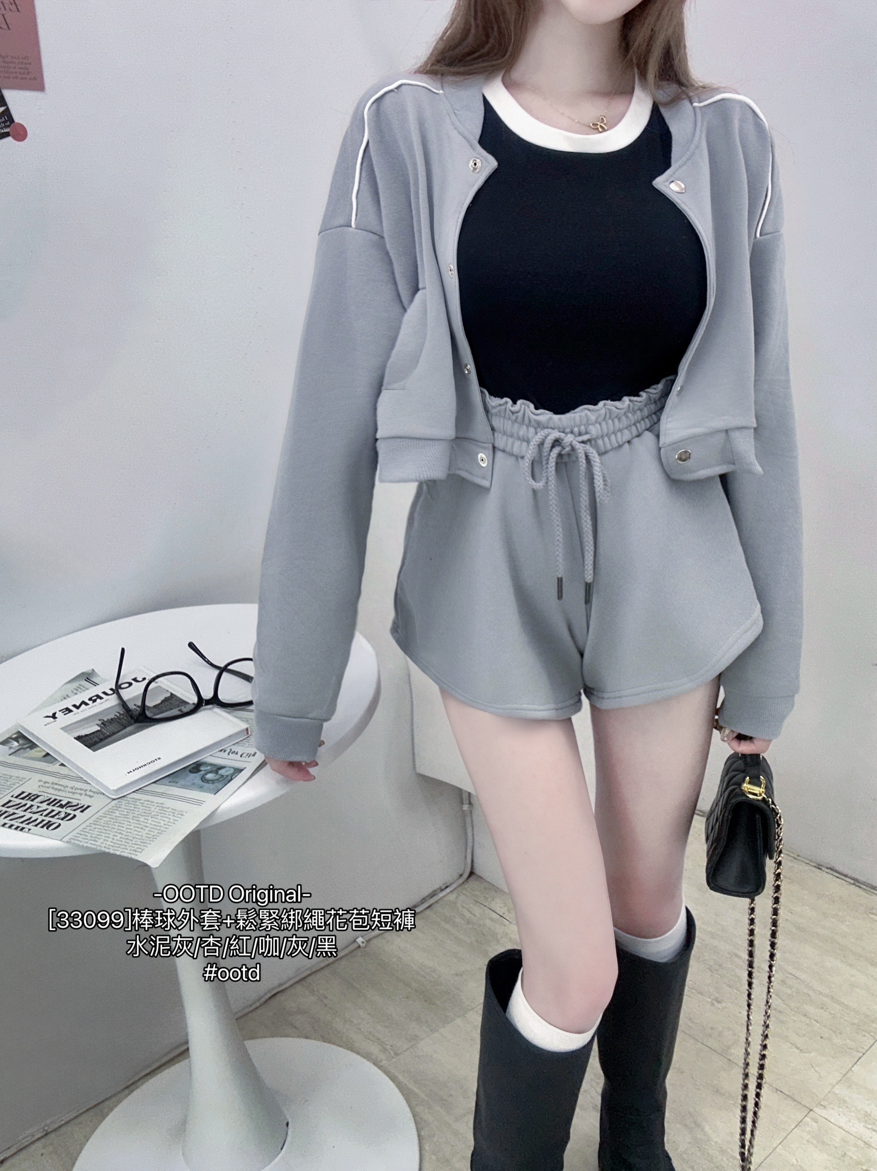[33099]棒球外套+鬆緊綁繩花苞短褲 (5)