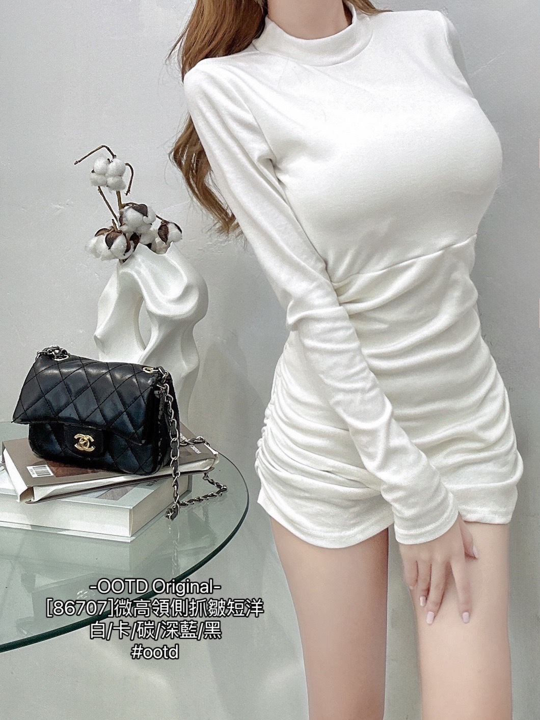[86707]微高領側抓皺短洋