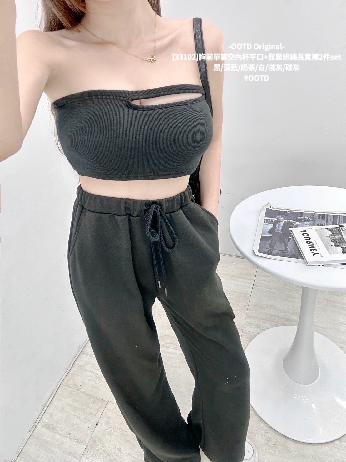 [33102]胸前單簍空內杯平口+鬆緊綁繩長寬褲2件set (11)