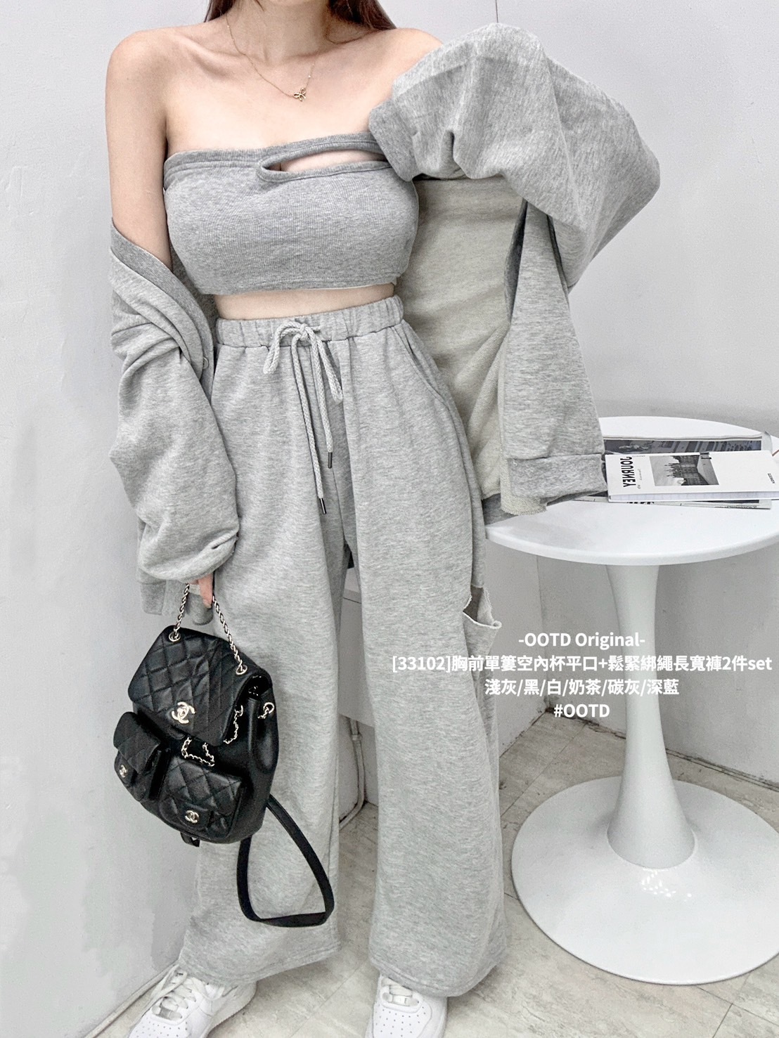 [33102]胸前單簍空內杯平口+鬆緊綁繩長寬褲2件set (6)