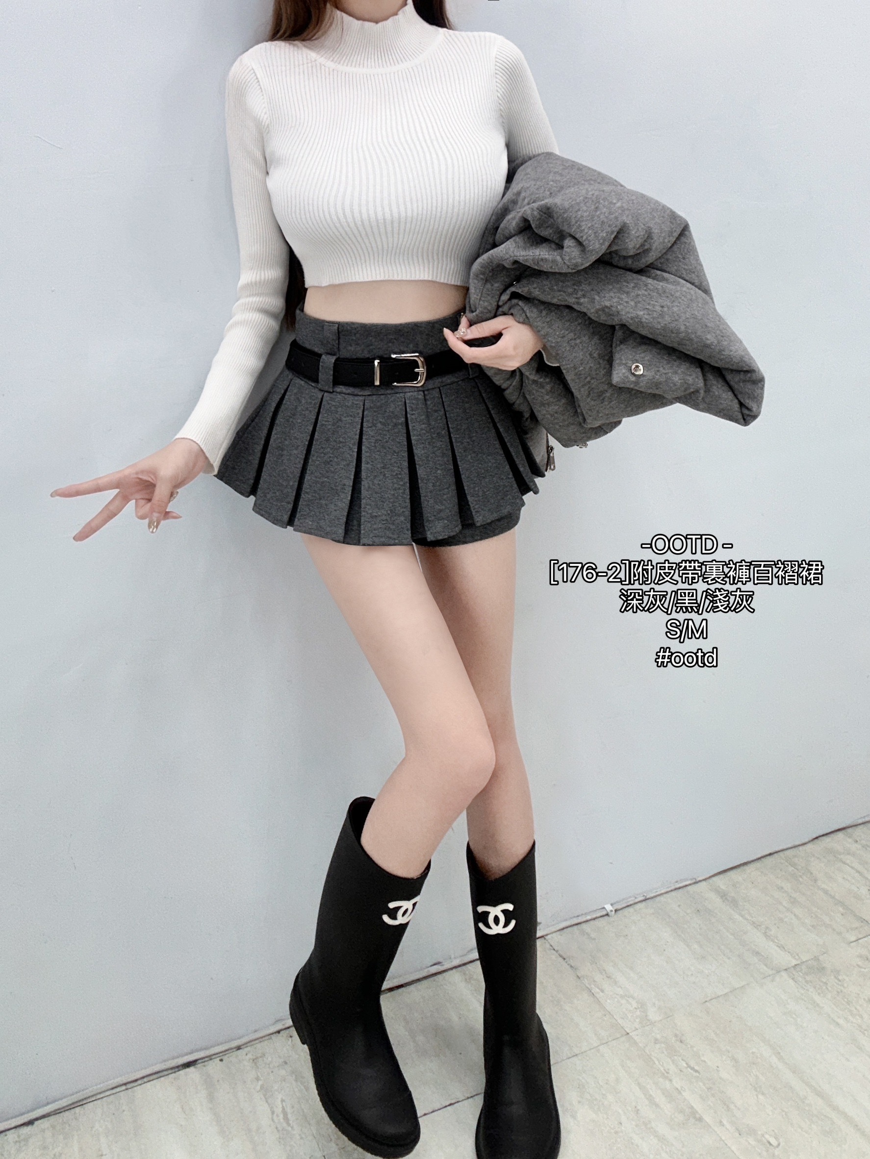 [176-2]附皮帶裏褲百褶裙 (3)