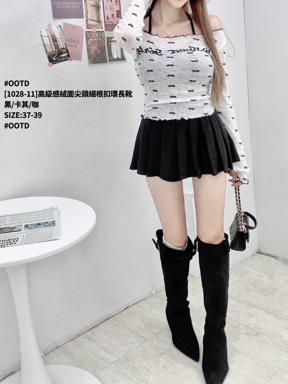 [1028-11]高級感絨面尖頭細根扣環長靴 (13)