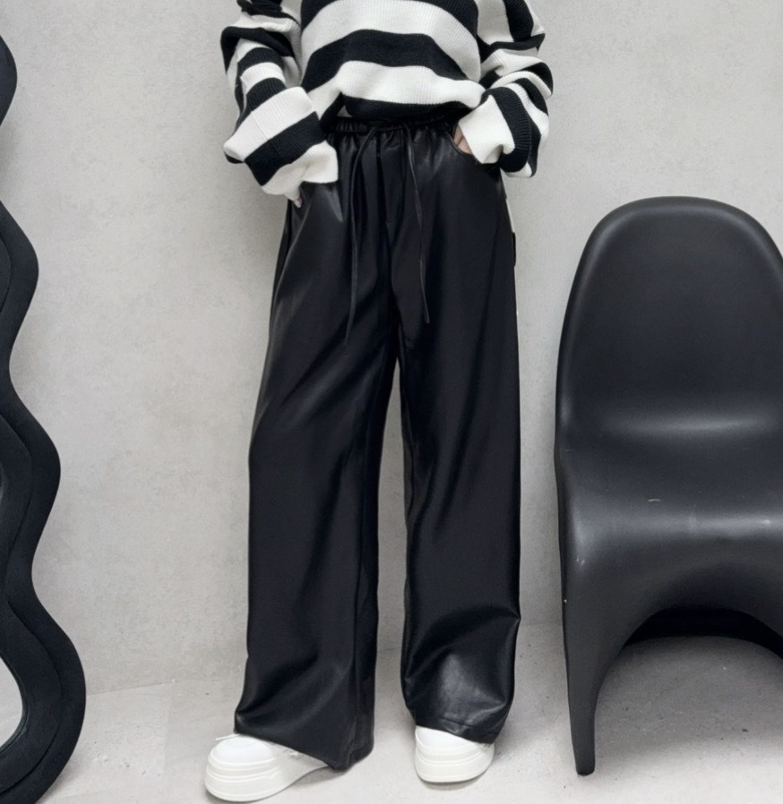10302028『選品』韓系抽繩皮革闊腿褲 (5)
