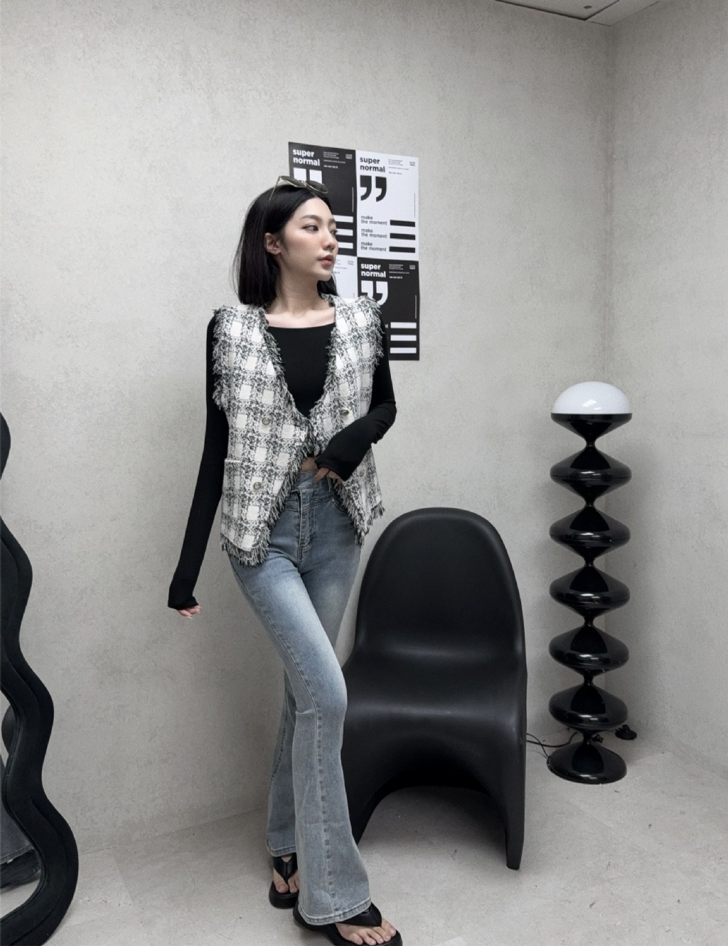 10306203『選品』高質感格紋小香貂毛抽鬚背心 (3)