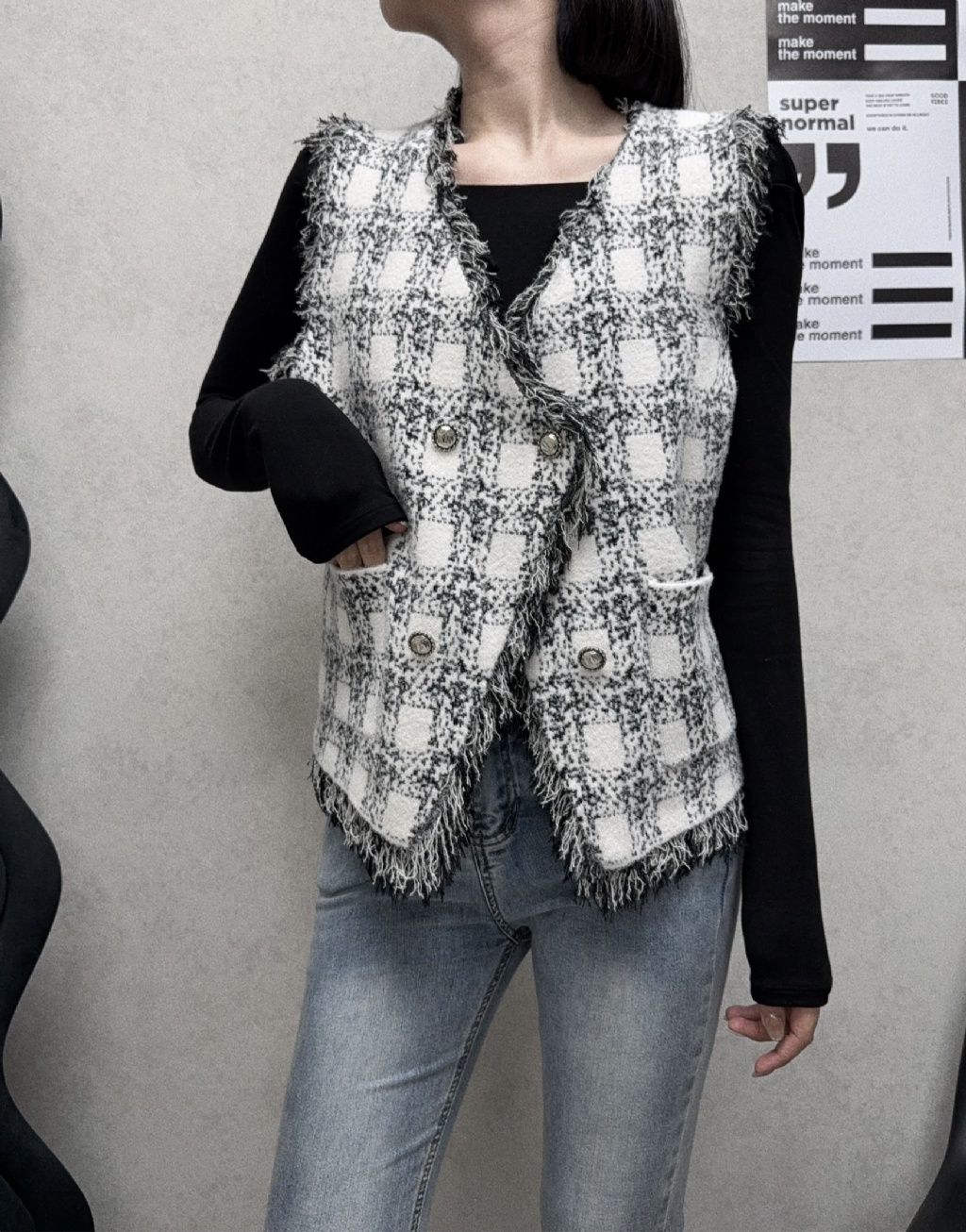 10306203『選品』高質感格紋小香貂毛抽鬚背心 (2)