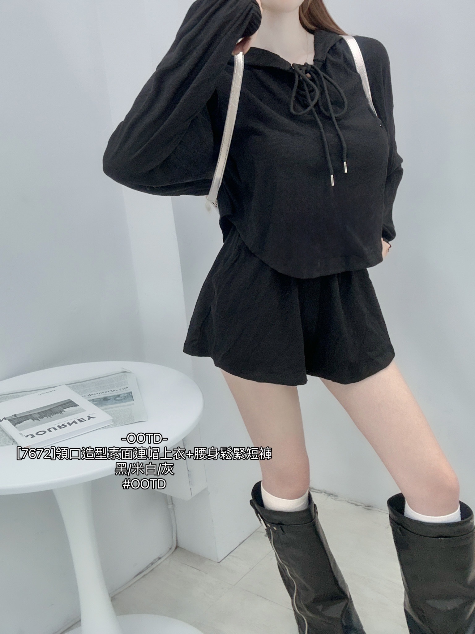 [7672]領口造型素面連帽上衣+腰身鬆緊短褲 (7)