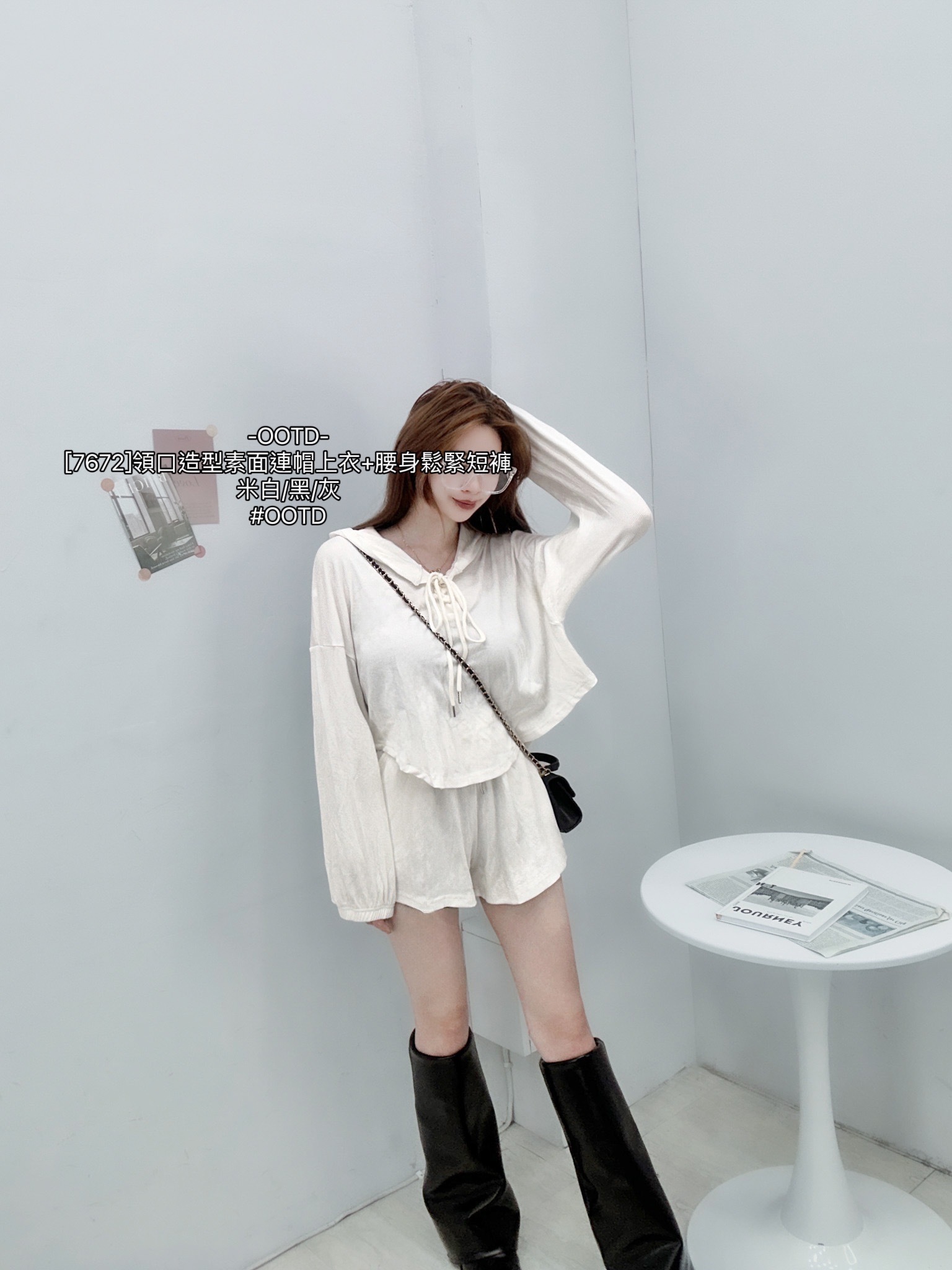 [7672]領口造型素面連帽上衣+腰身鬆緊短褲 (2)