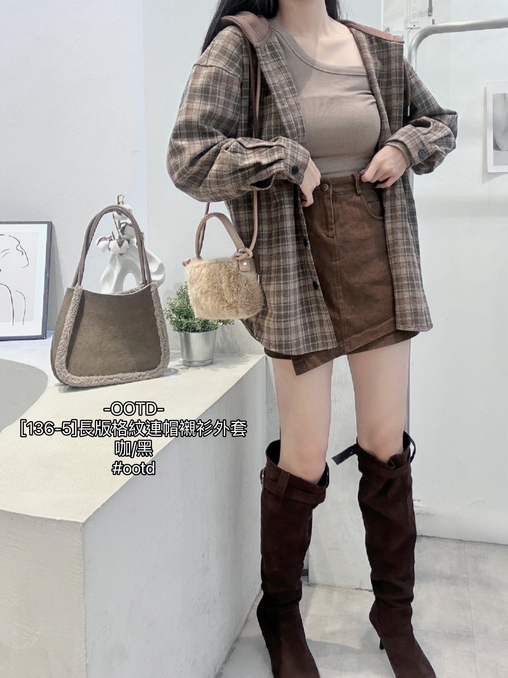 [136-5]長版格紋連帽襯衫外套 (3)
