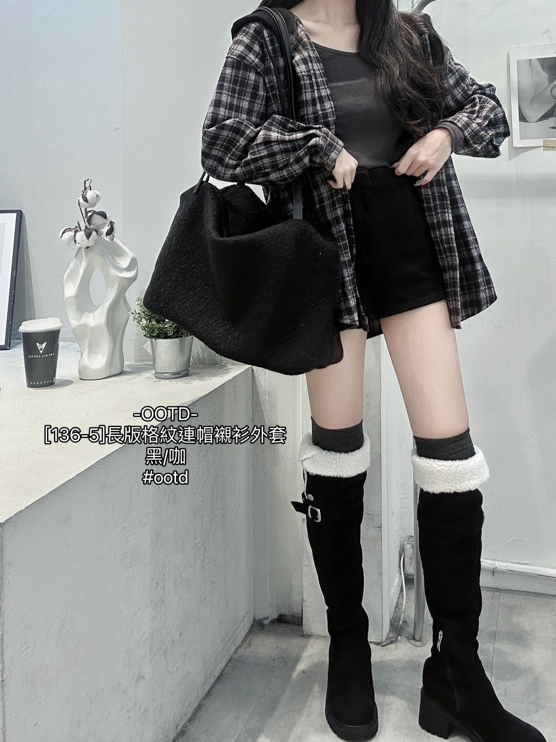 [136-5]長版格紋連帽襯衫外套 (6)