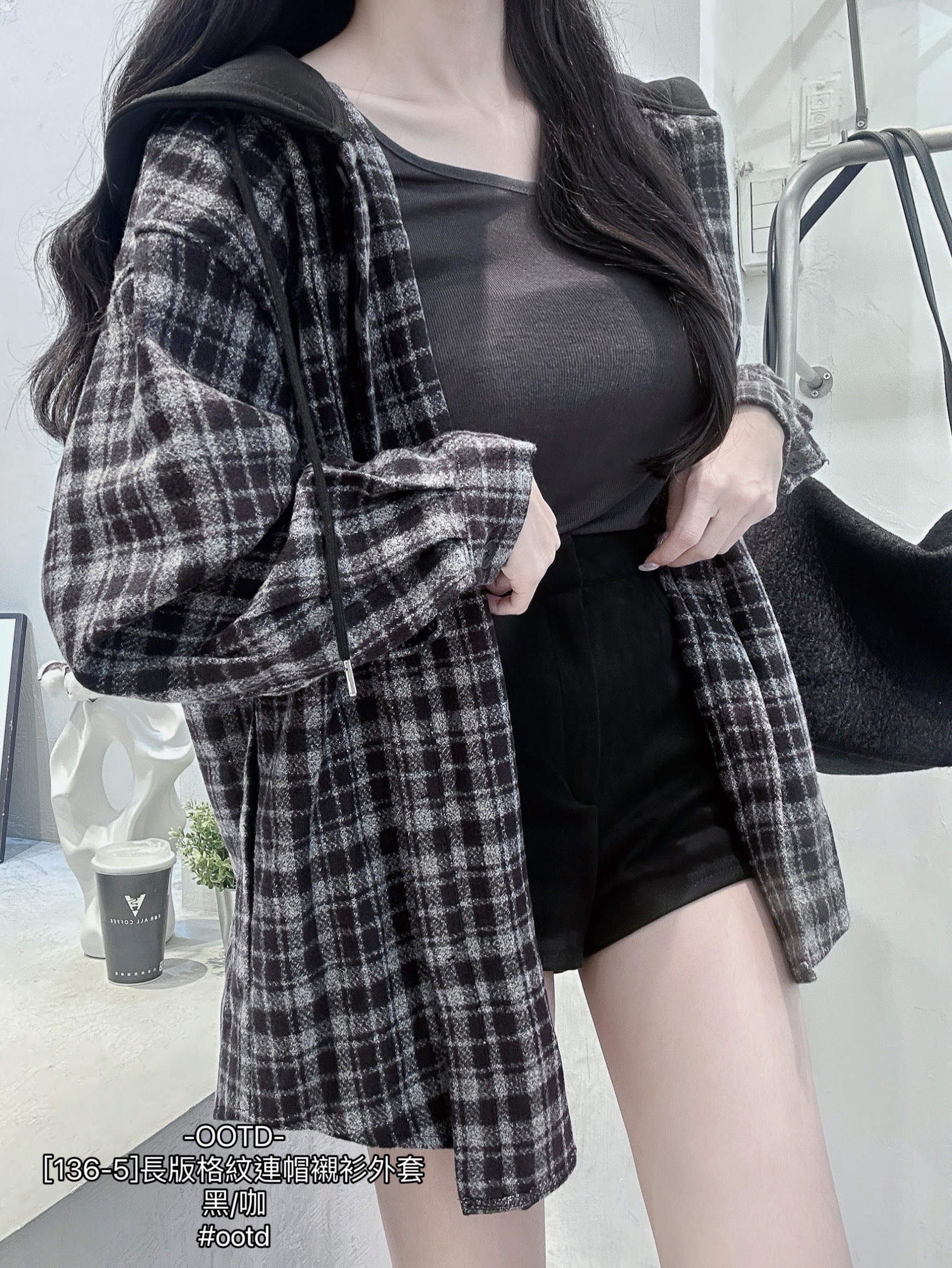[136-5]長版格紋連帽襯衫外套 (5)