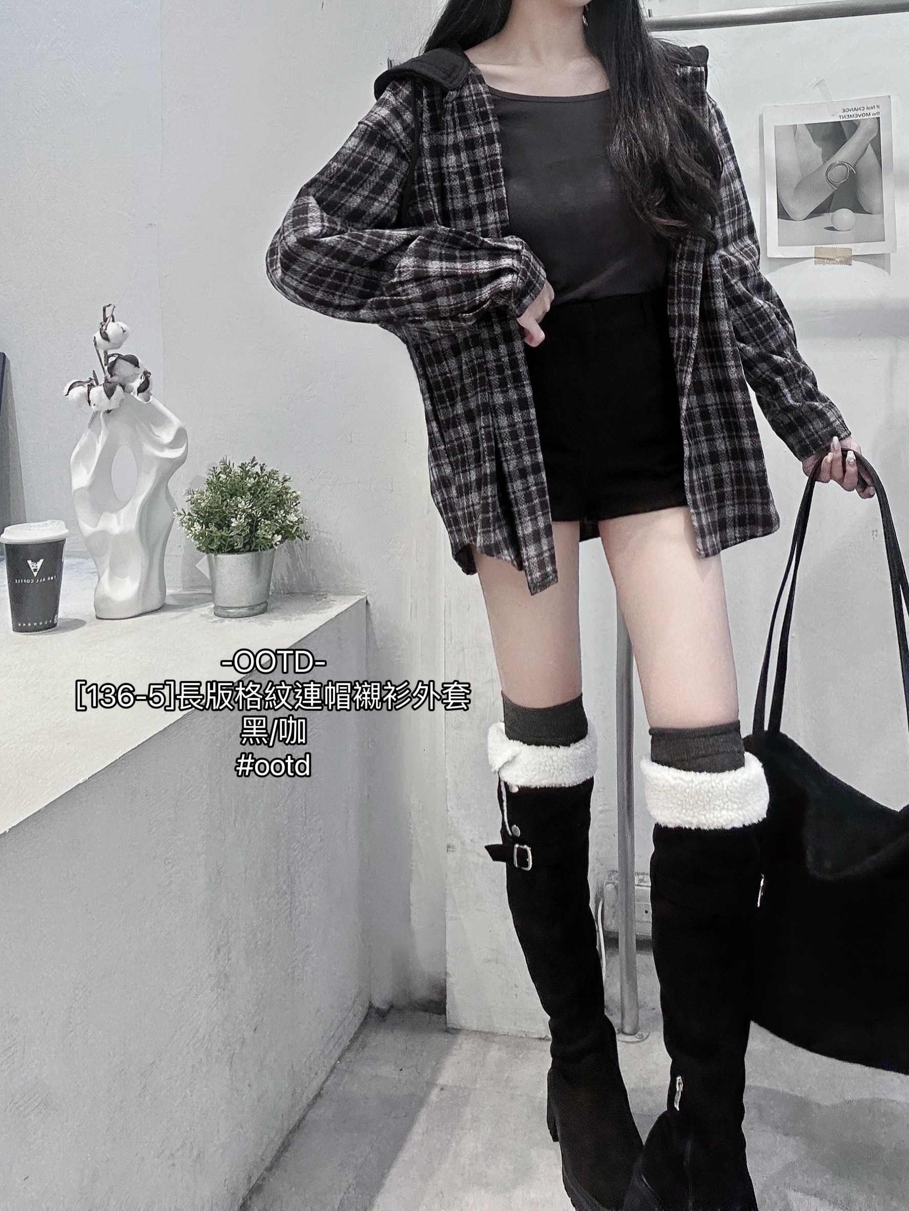 [136-5]長版格紋連帽襯衫外套 (4)