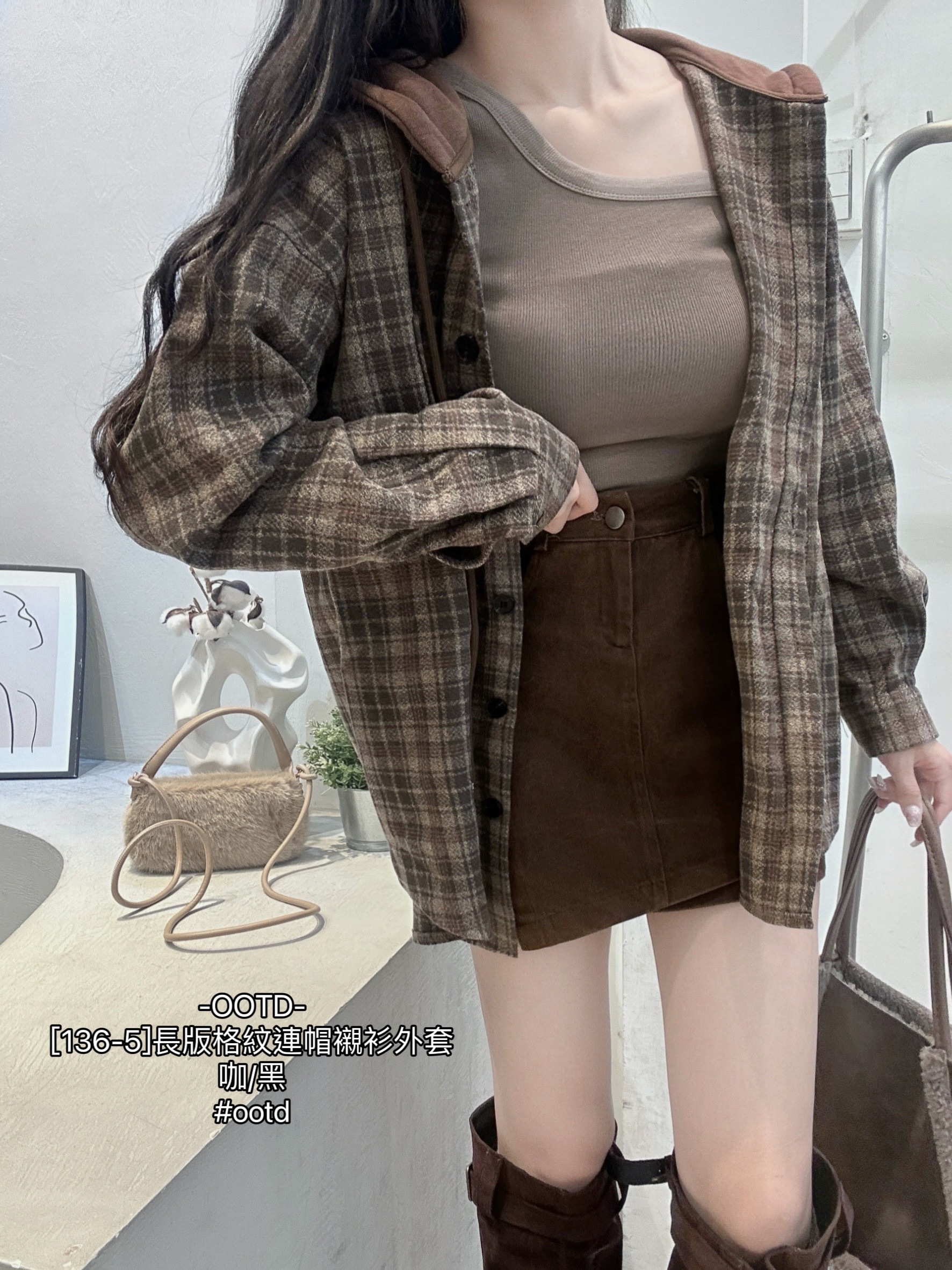 [136-5]長版格紋連帽襯衫外套