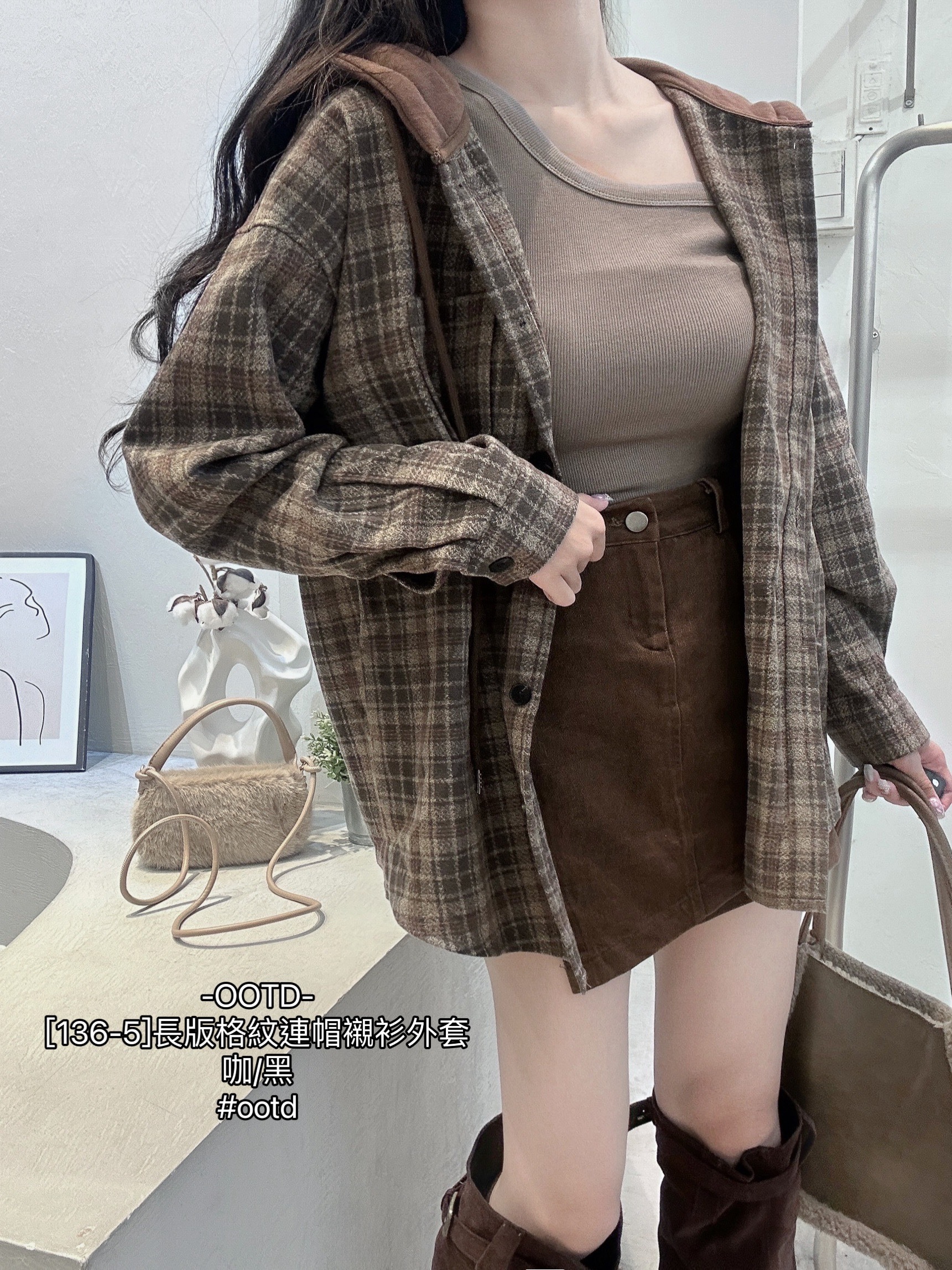 [136-5]長版格紋連帽襯衫外套 (2)