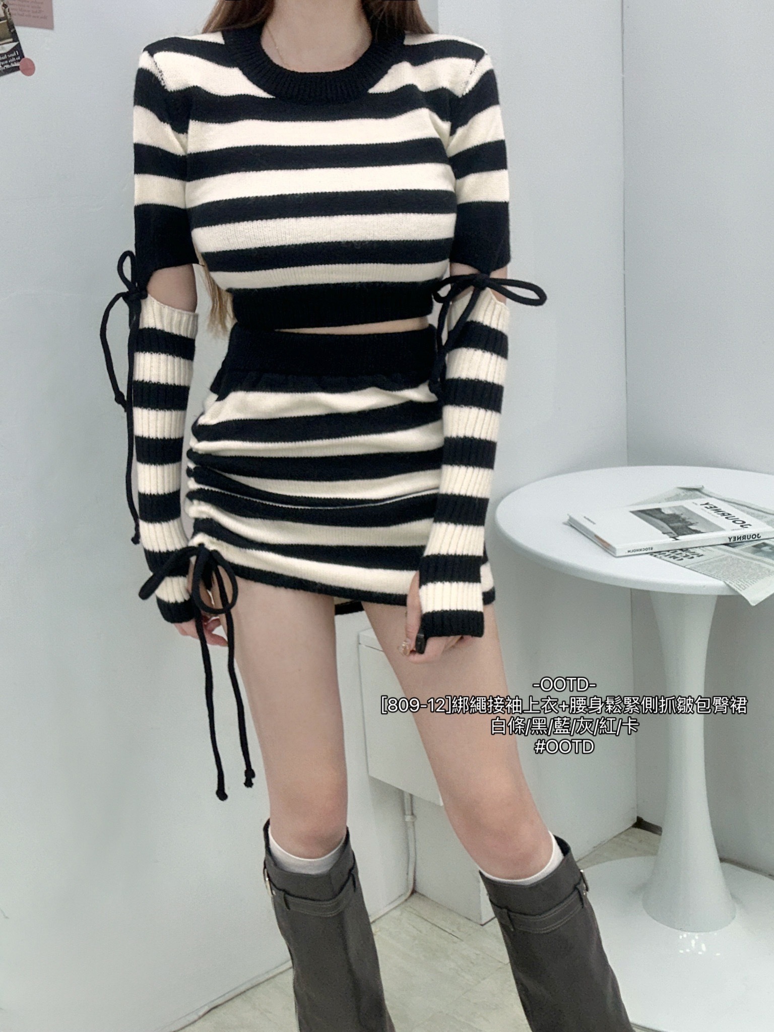 [809-12]綁繩接袖上衣+腰身鬆緊側抓皺包臀裙 (2)