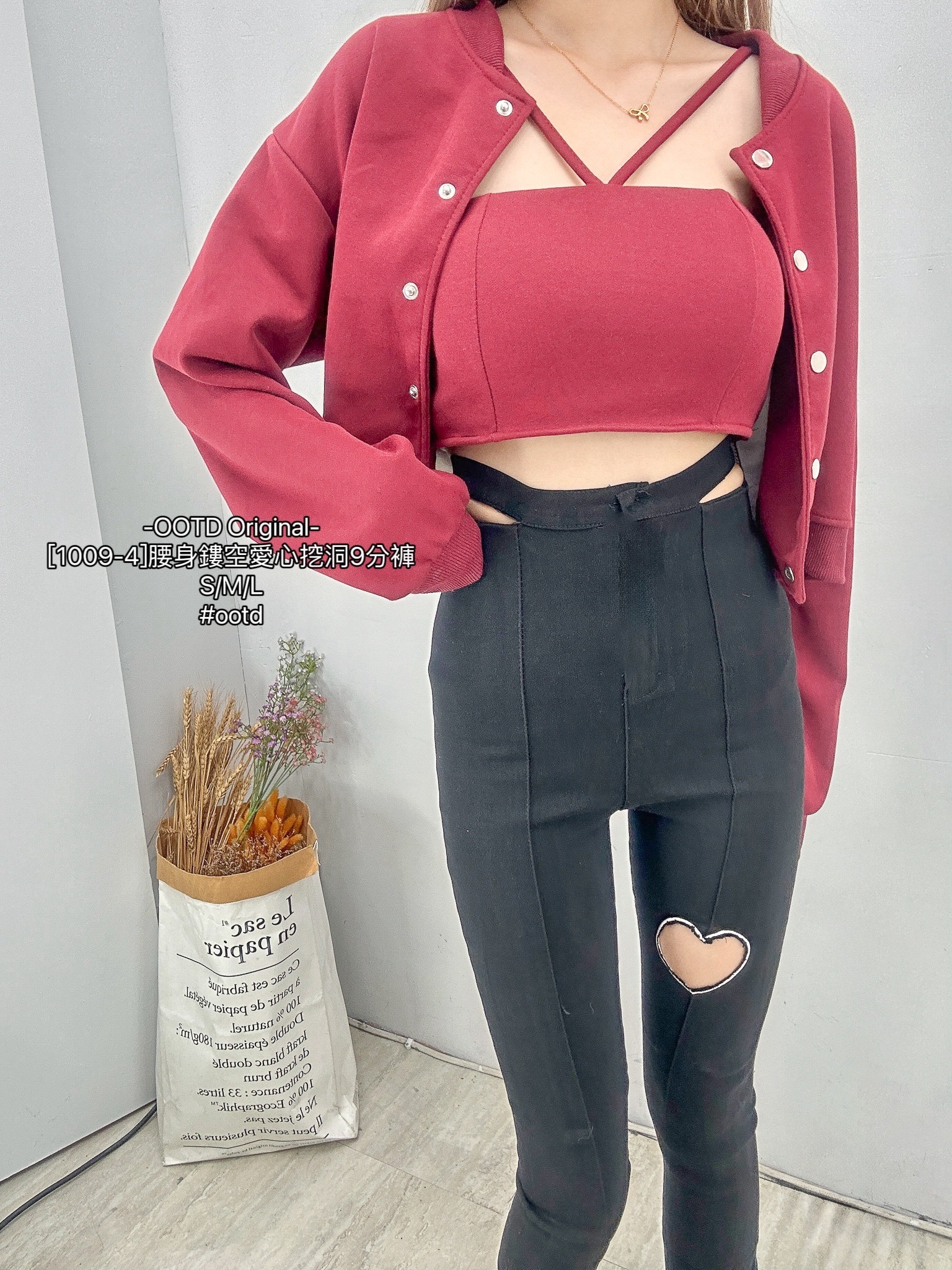 [1009-4]腰身鏤空愛心挖洞9分褲