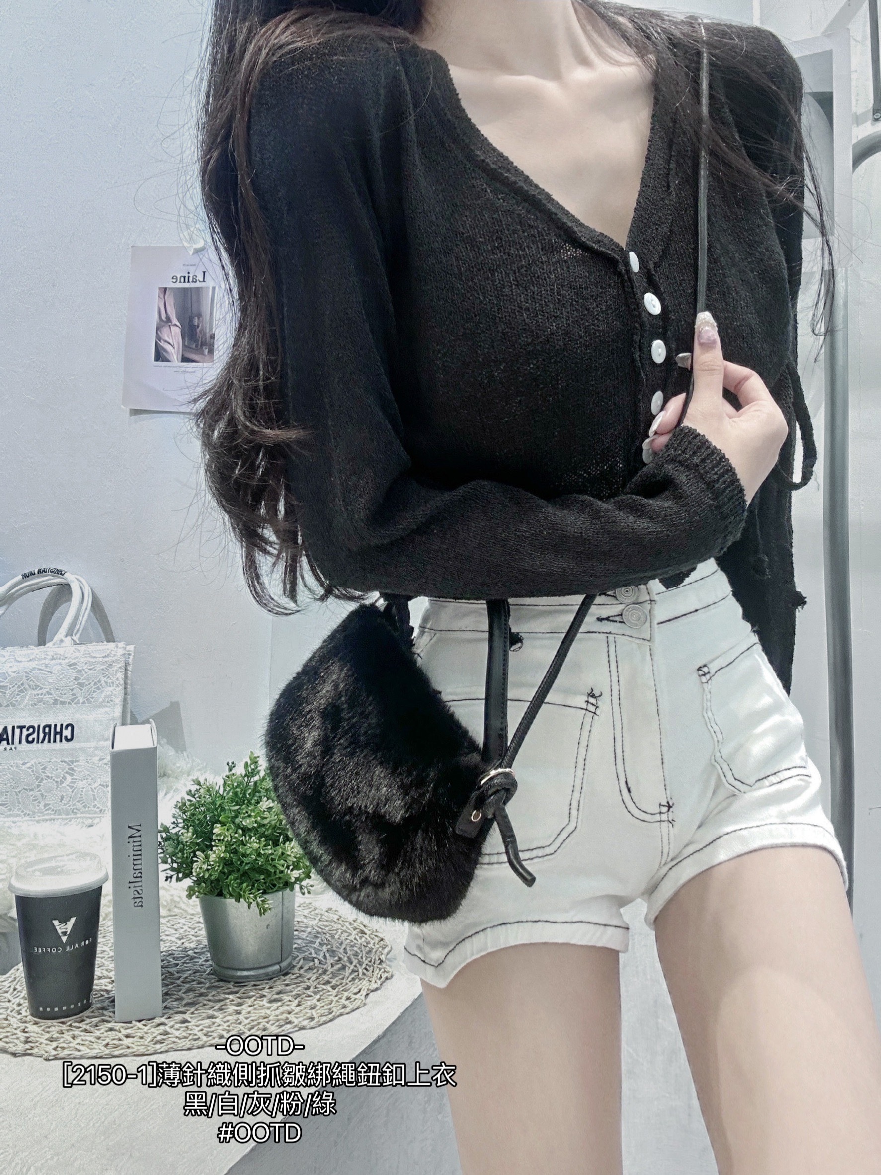 [2150-1]薄針織側抓皺綁繩鈕釦上衣 (10)