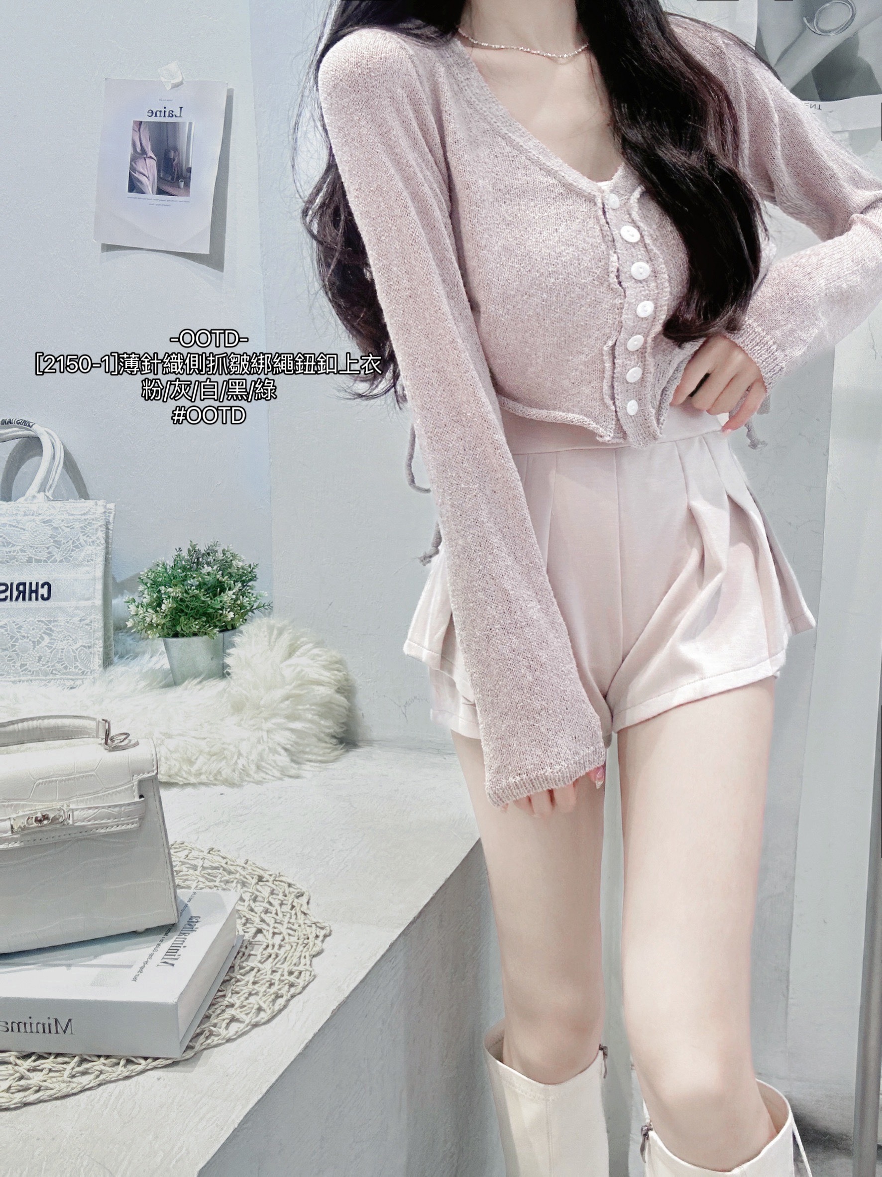 [2150-1]薄針織側抓皺綁繩鈕釦上衣 (3)