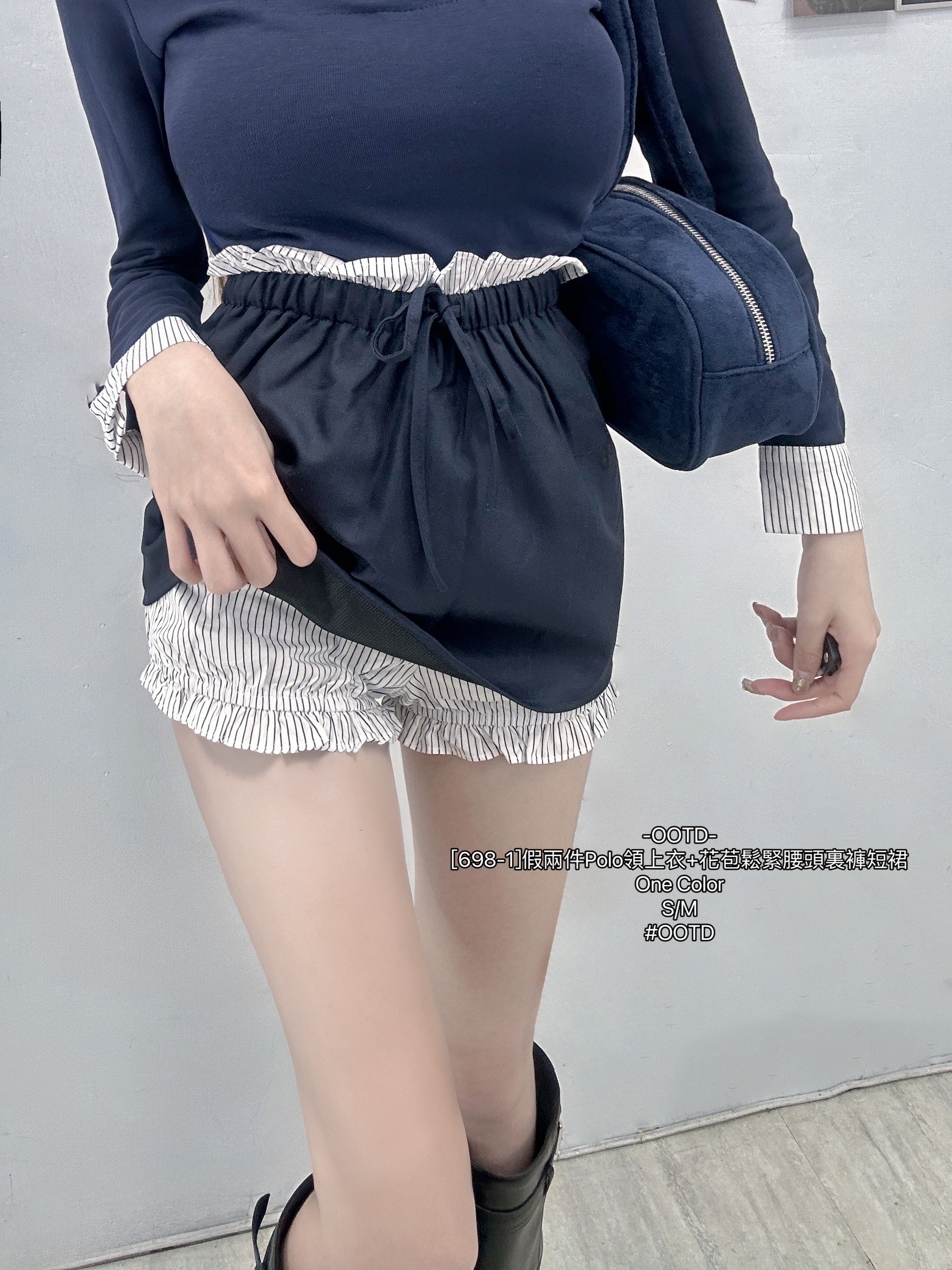 [698-1]假兩件Polo領上衣+花苞鬆緊腰頭裏褲短裙 (4)