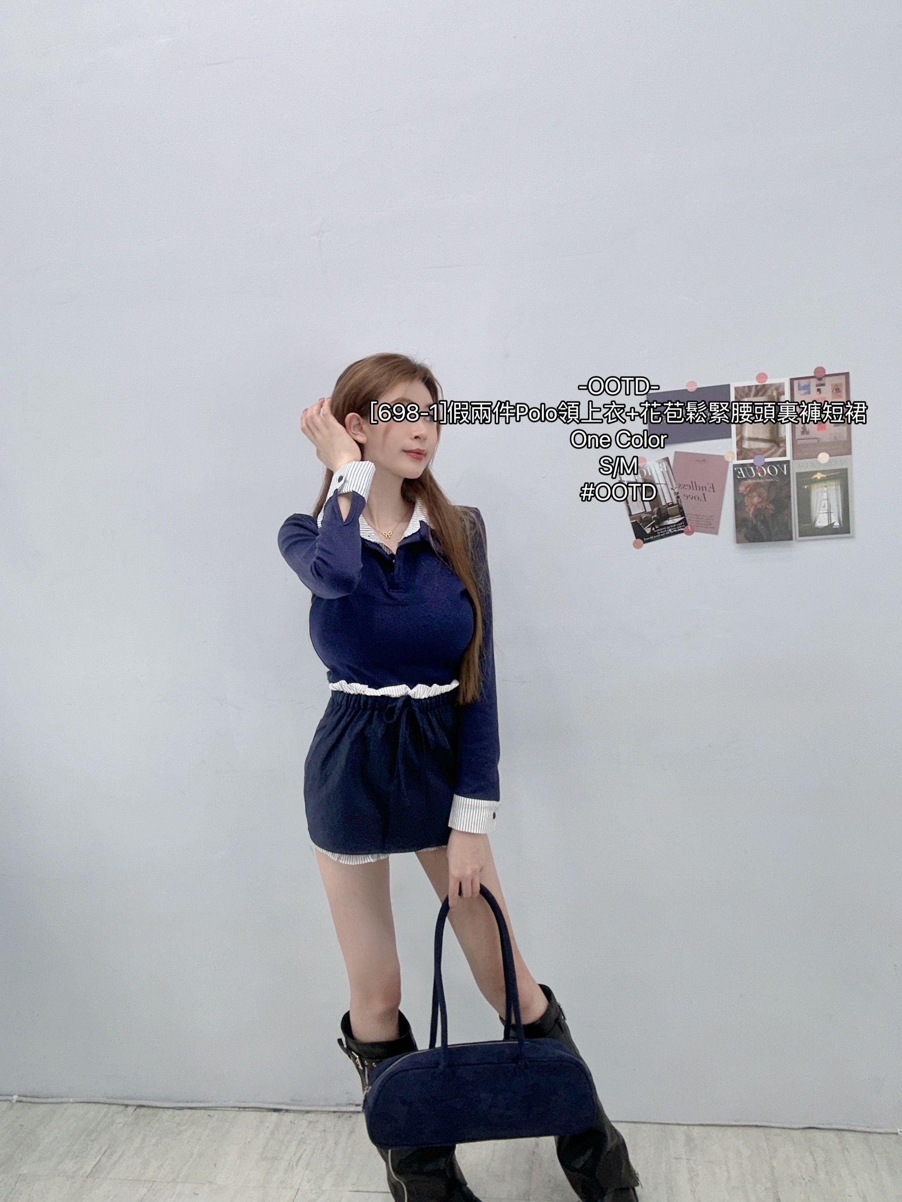 [698-1]假兩件Polo領上衣+花苞鬆緊腰頭裏褲短裙 (3)