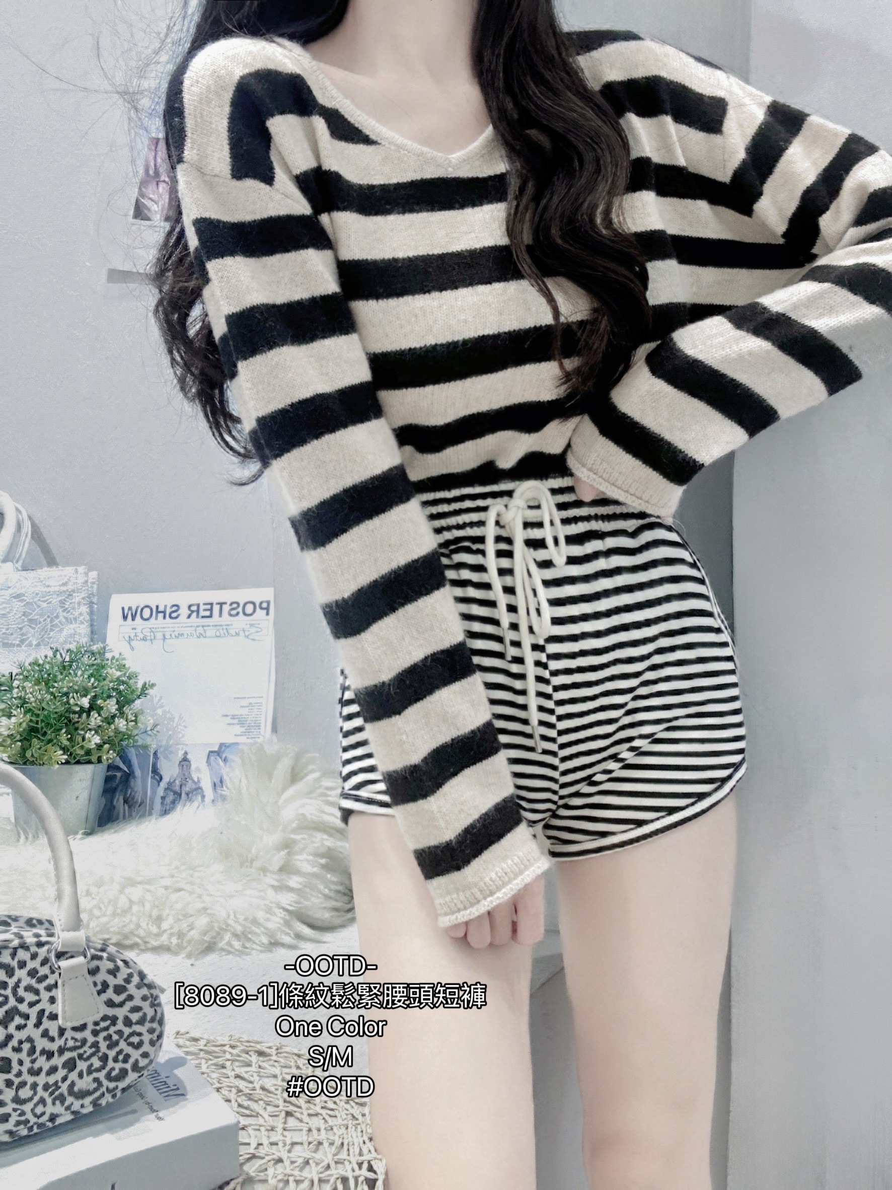 [8089-1]條紋鬆緊腰頭短褲 (3)