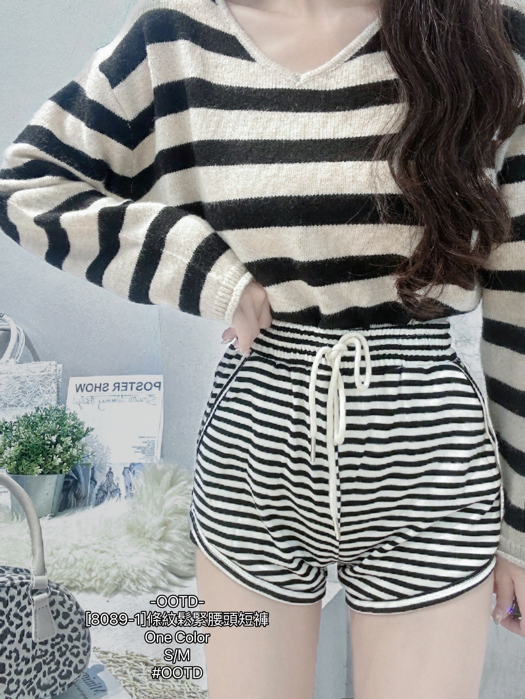 [8089-1]條紋鬆緊腰頭短褲