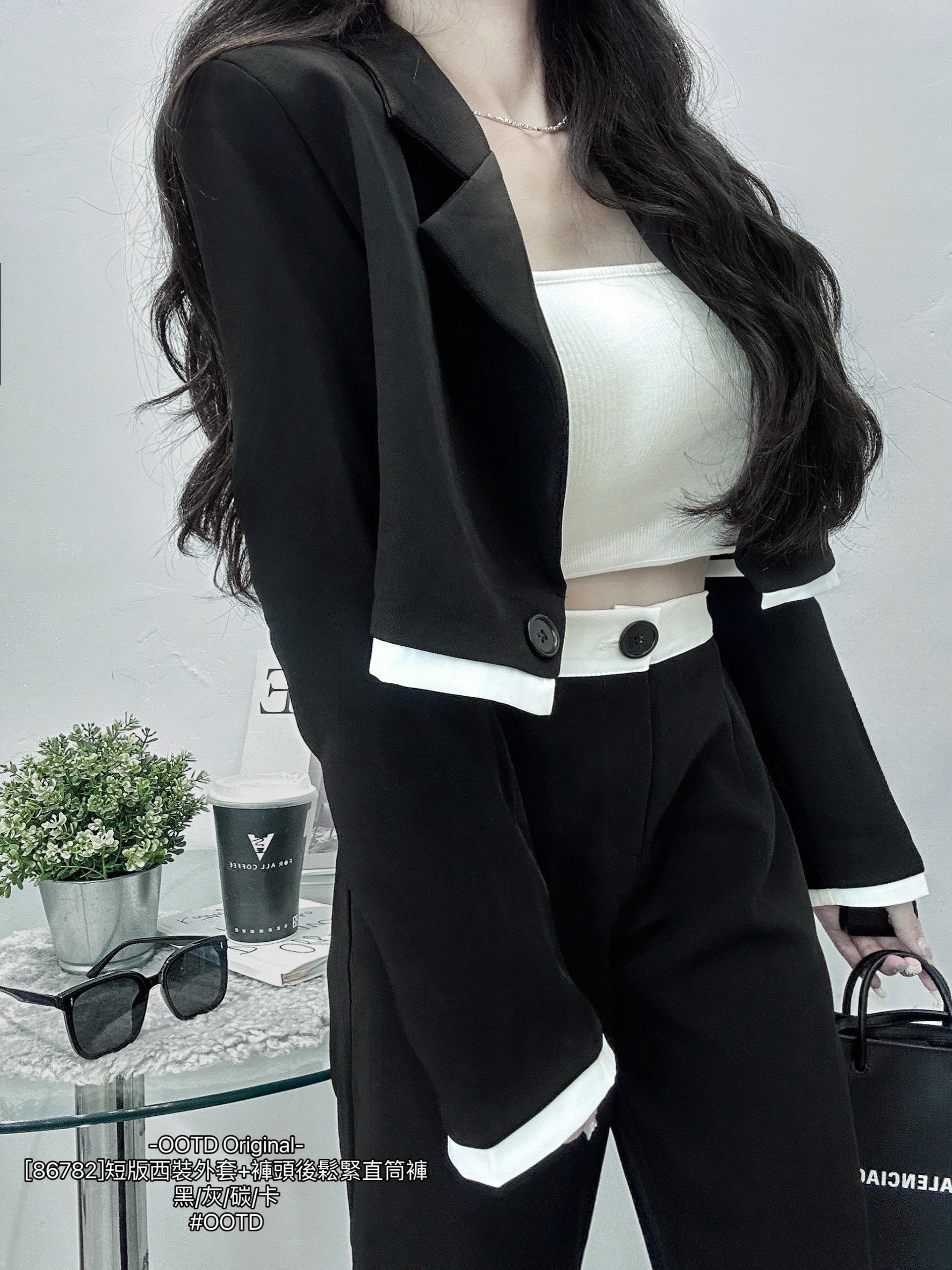 [86782]短版西裝外套+褲頭後鬆緊直筒褲 (8)
