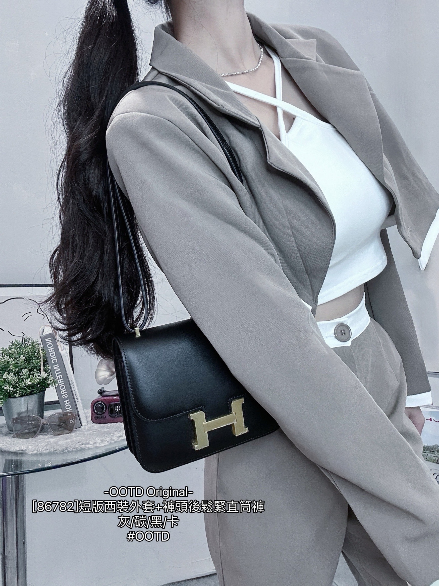 [86782]短版西裝外套+褲頭後鬆緊直筒褲 (4)