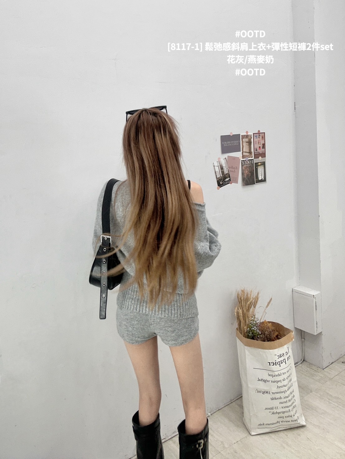 [8117-1] 鬆弛感斜肩上衣+彈性短褲2件set (7)