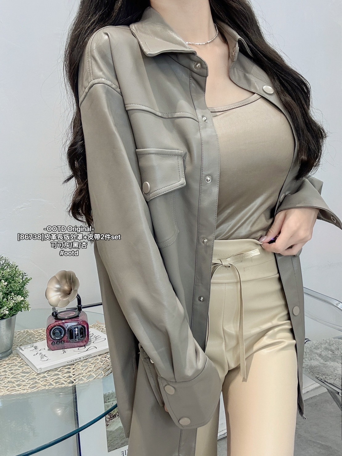 [86738]皮革長版外罩+皮帶2件set (8)