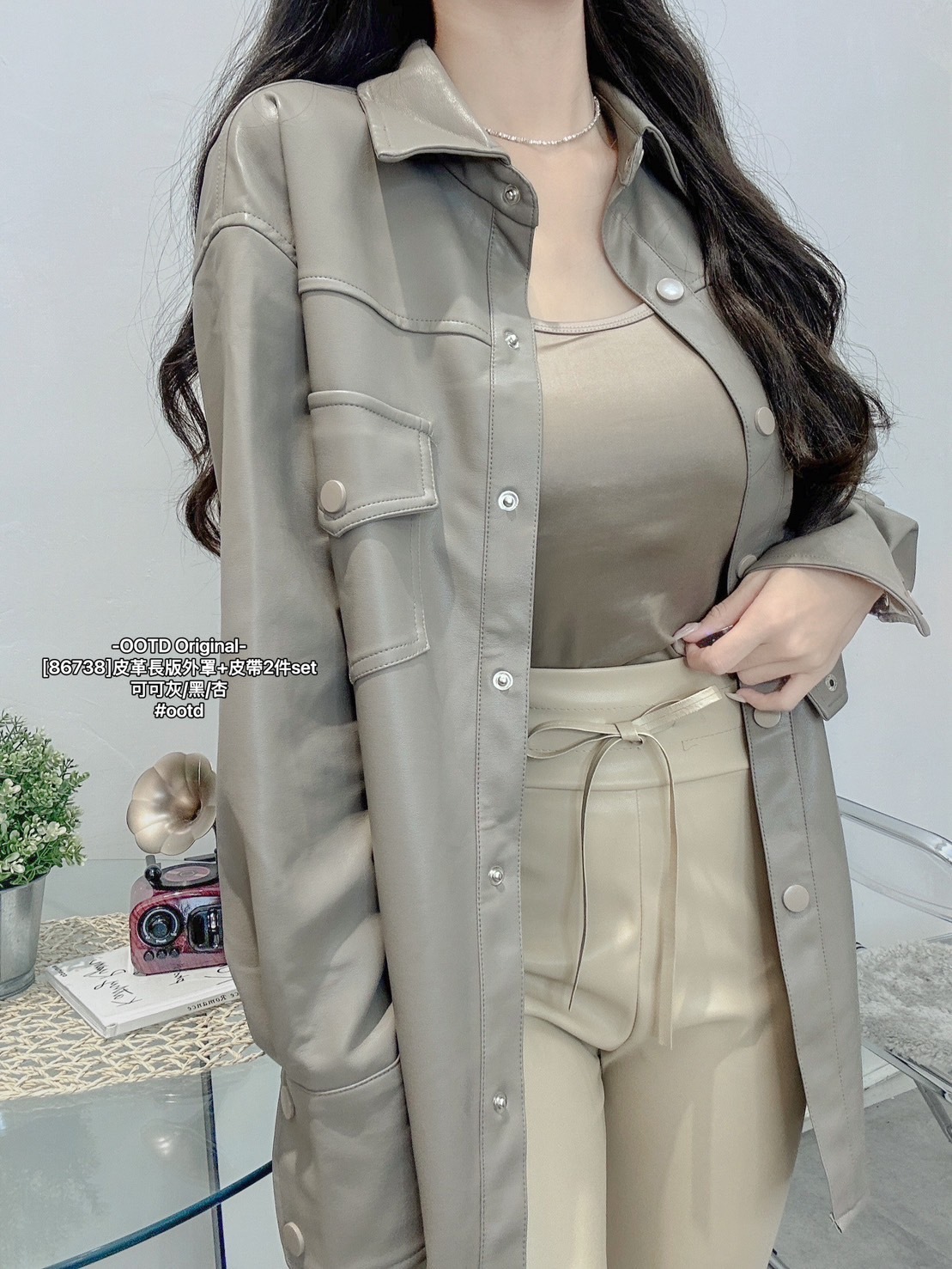 [86738]皮革長版外罩+皮帶2件set (6)