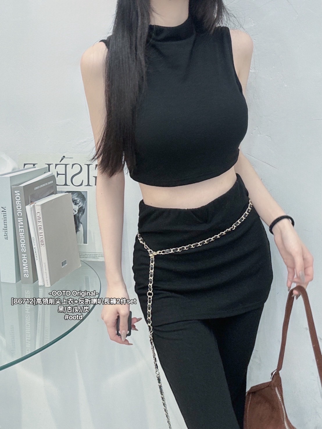 [86712]高領削尖上衣+反折喇叭長褲2件set (8)