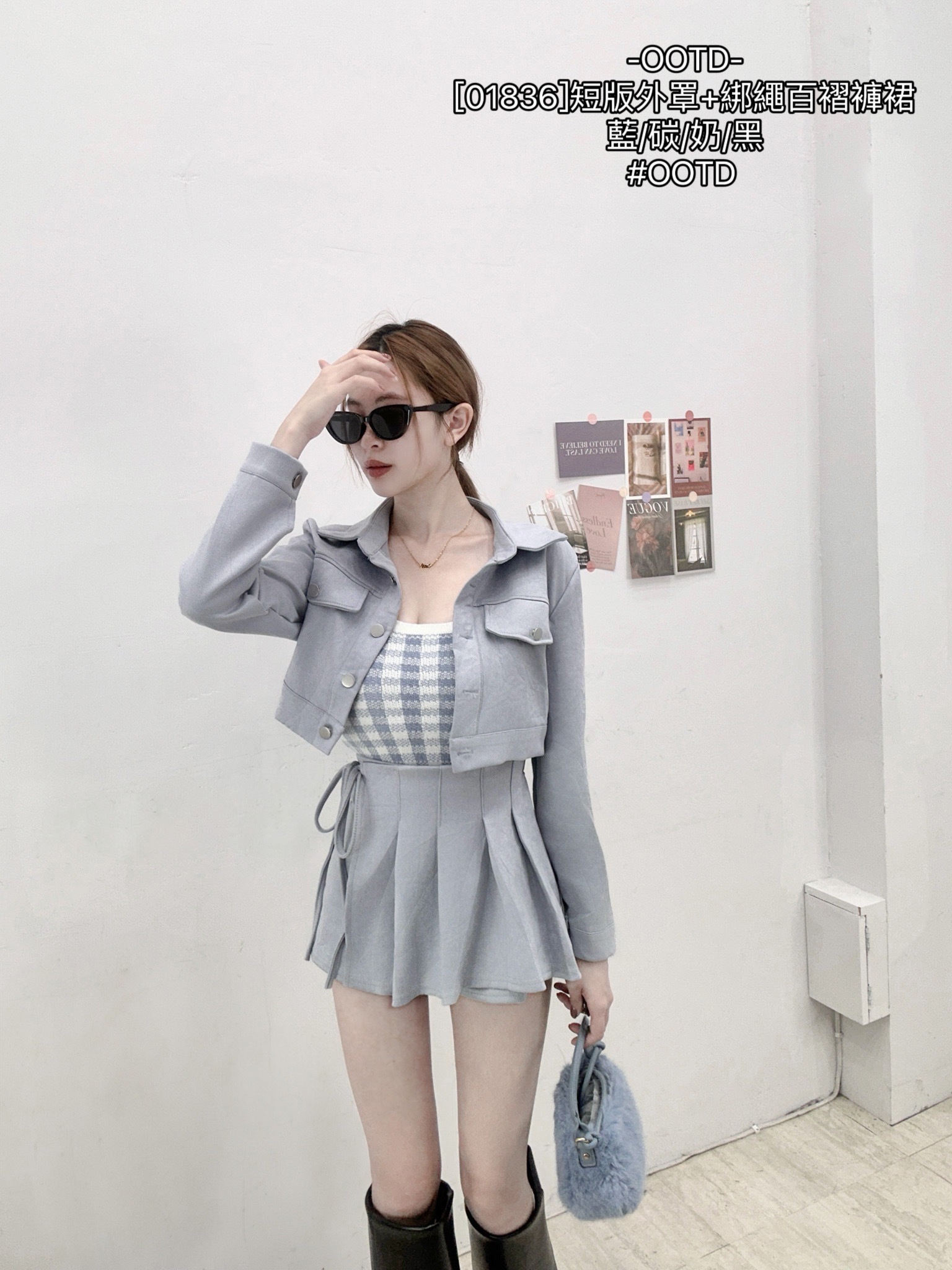 [01836]短版外罩+綁繩百褶褲裙 (3)