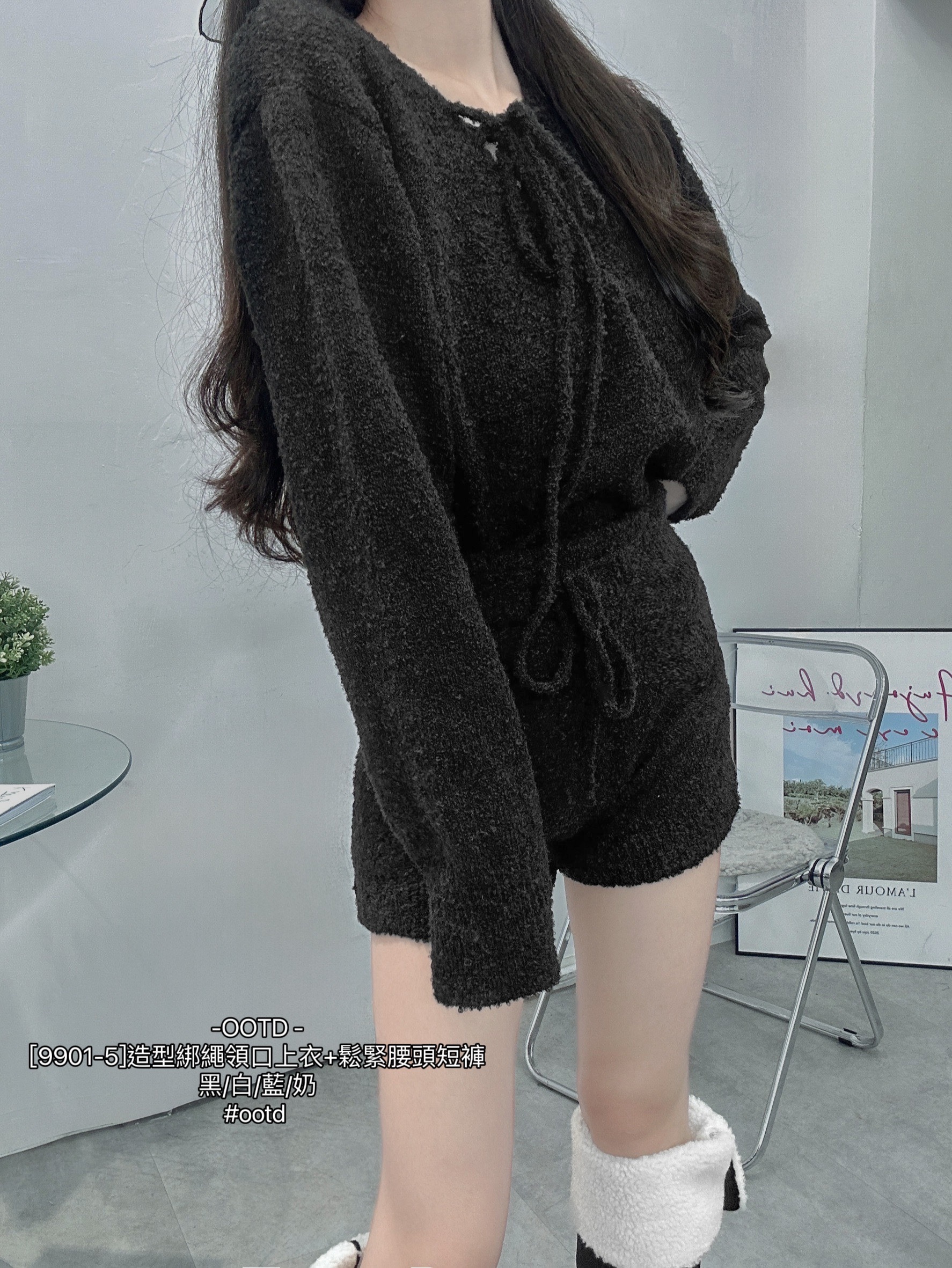 [9901-5]造型綁繩領口上衣+鬆緊腰頭短褲 (8)