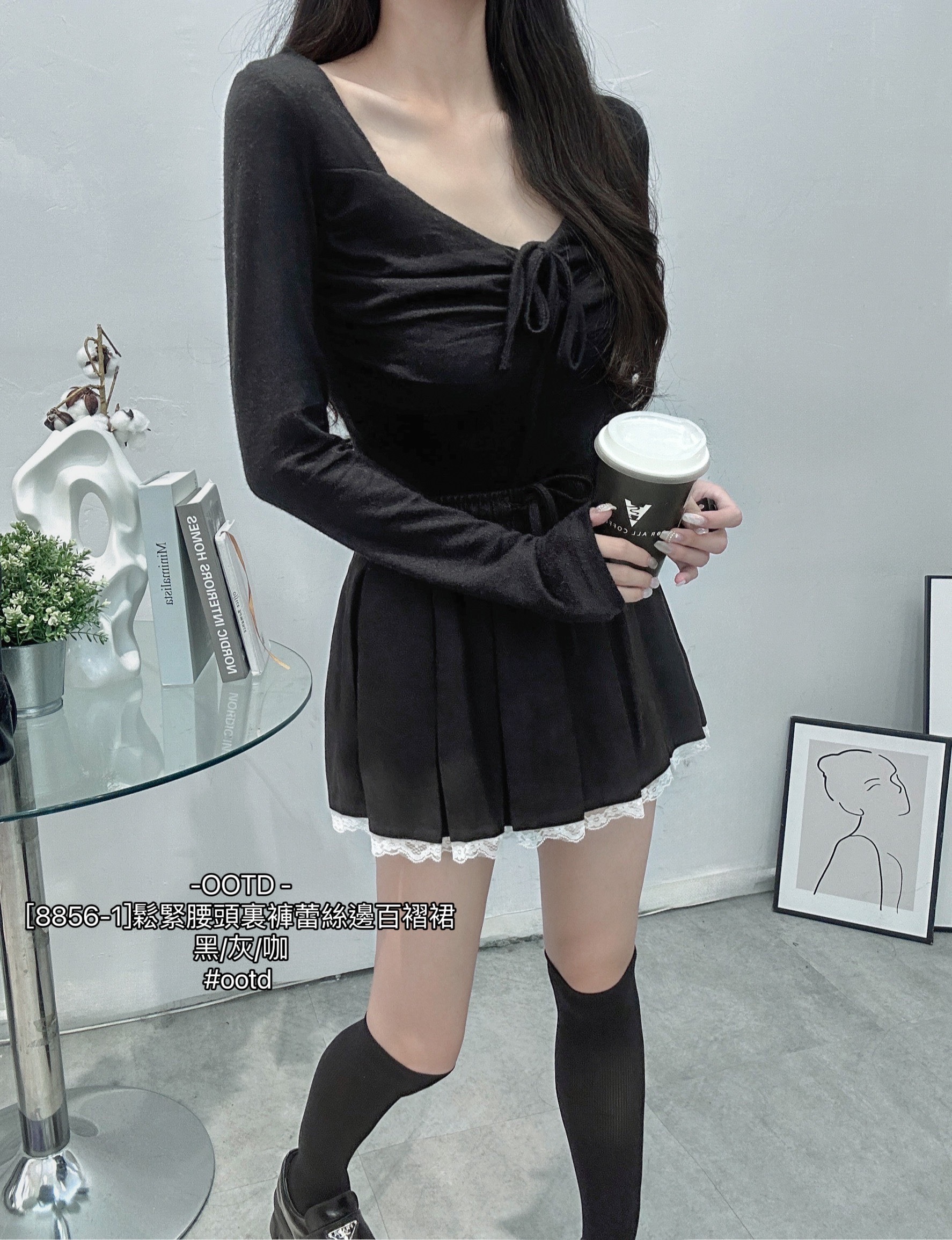 [8856-1]鬆緊腰頭裏褲蕾絲邊百褶裙 (5)