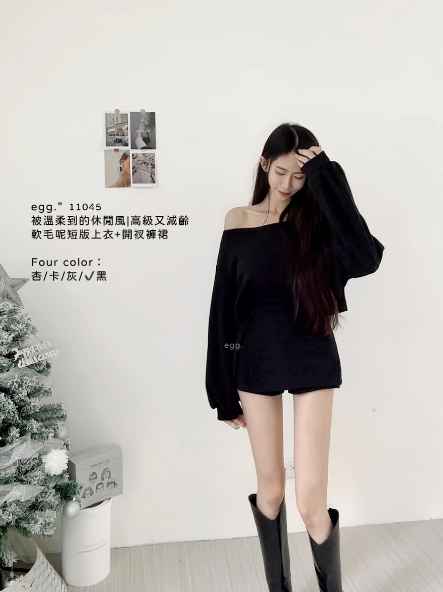 11045被溫柔到的休閒風高級又減齡軟毛呢短版上衣+開衩褲裙 (7)