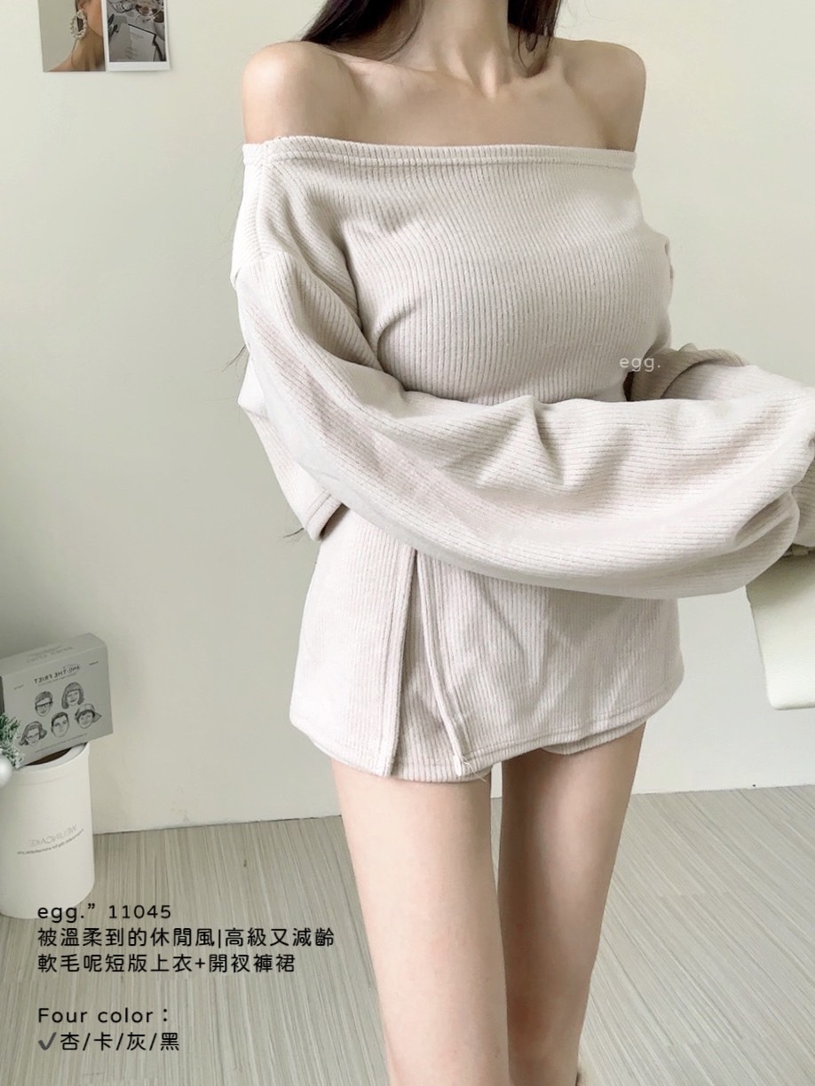 11045被溫柔到的休閒風高級又減齡軟毛呢短版上衣+開衩褲裙 (2)