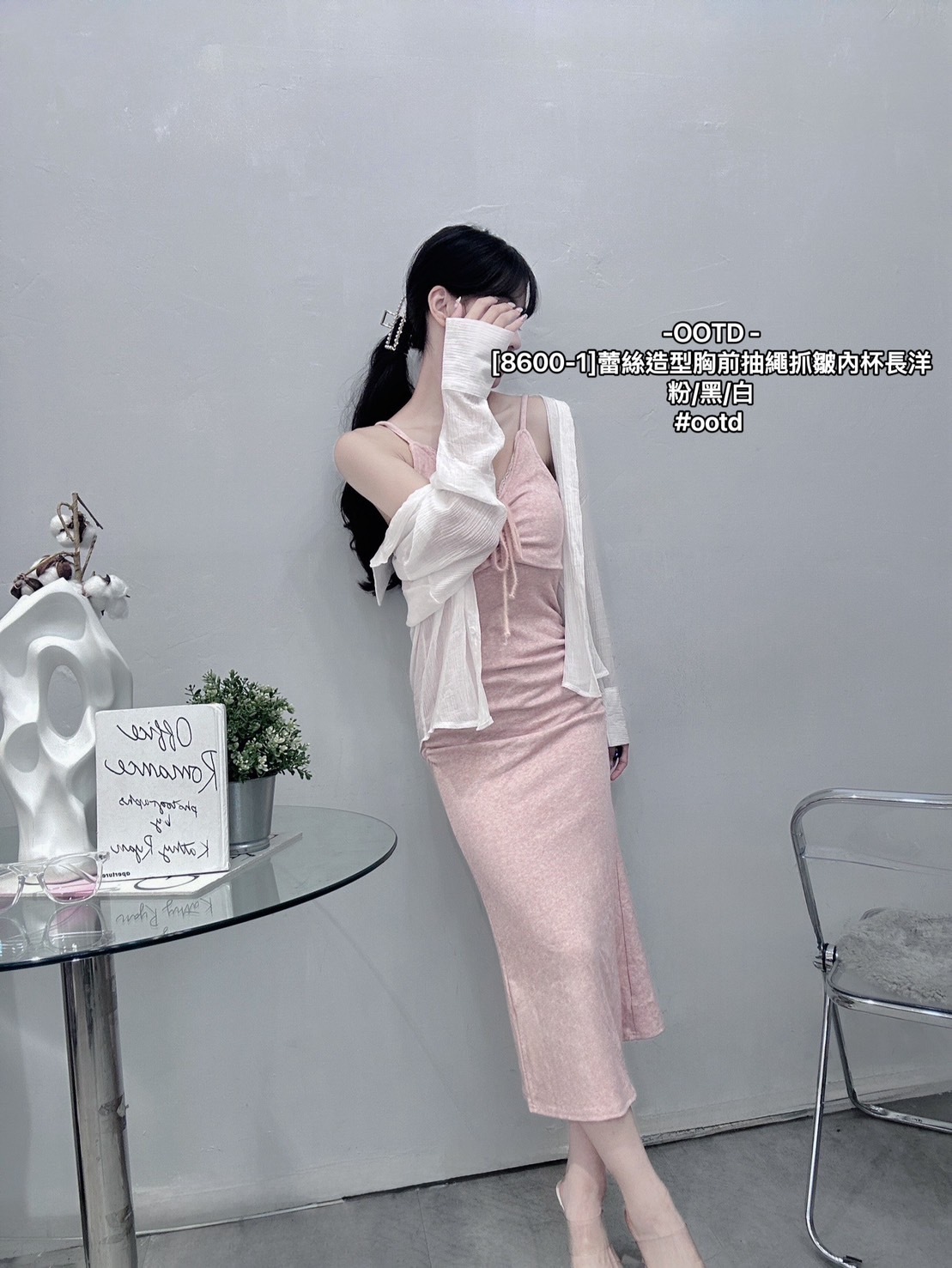 [8600-1]蕾絲造型胸前抽繩抓皺內杯長洋 (5)