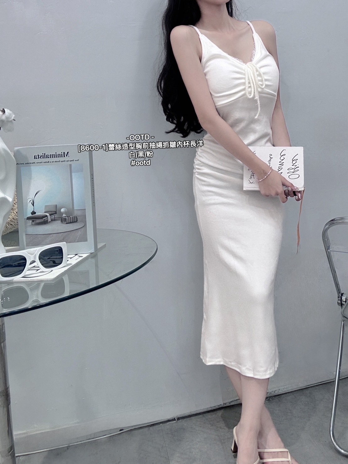 [8600-1]蕾絲造型胸前抽繩抓皺內杯長洋