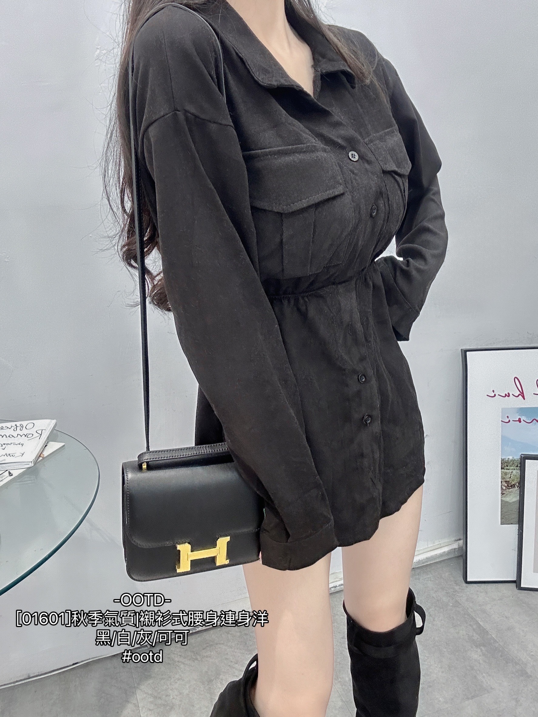 [01601]秋季氣質襯衫式腰身連身洋 (8)