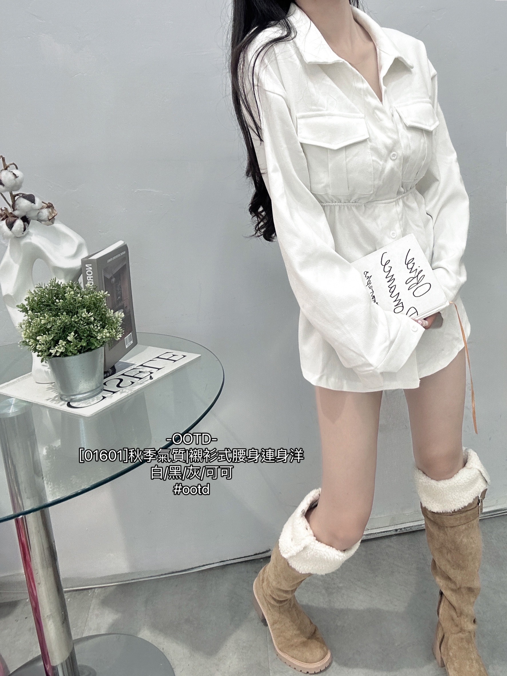 [01601]秋季氣質襯衫式腰身連身洋 (2)